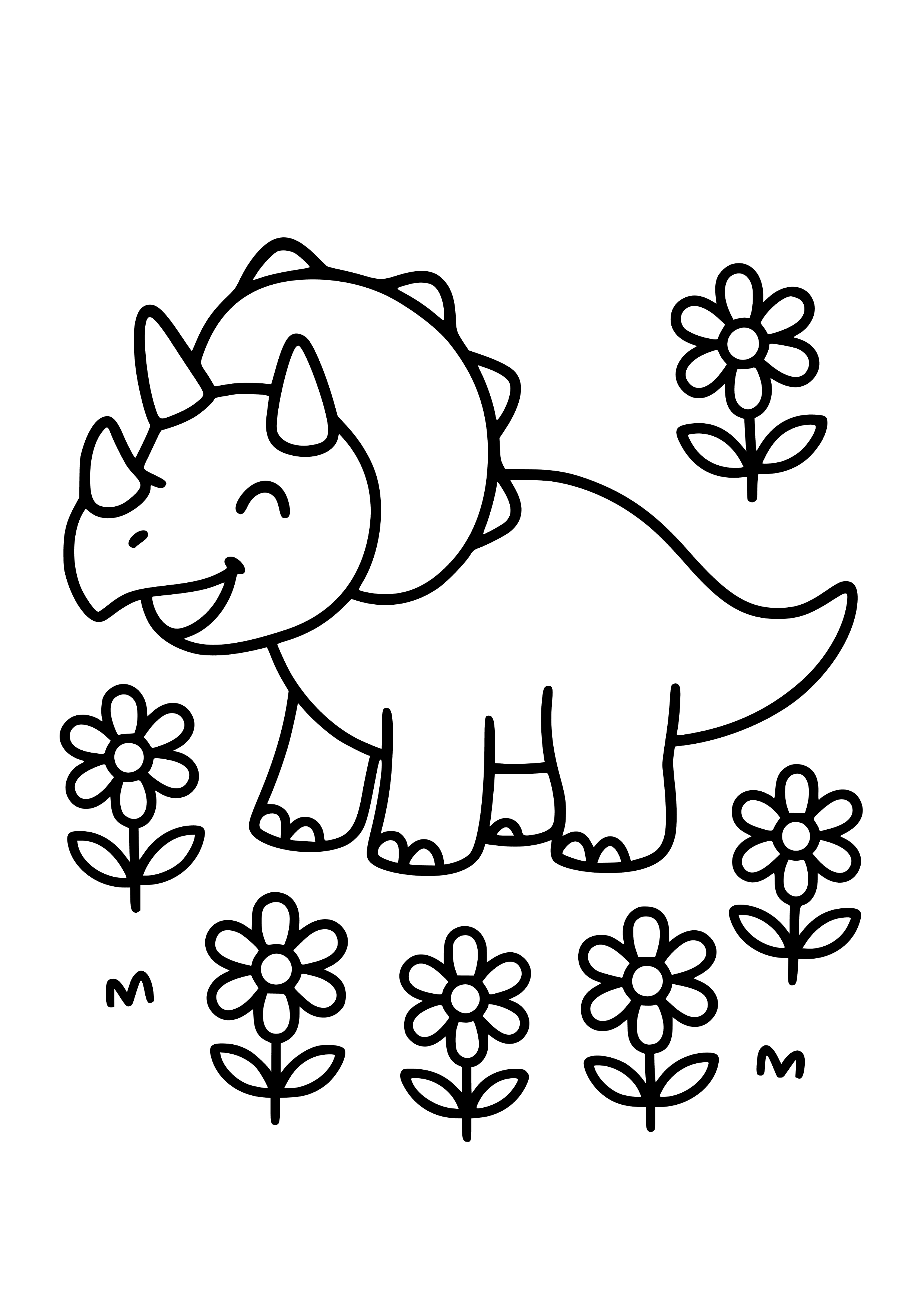 Happy Triceratops in a Flower Field Coloring Page