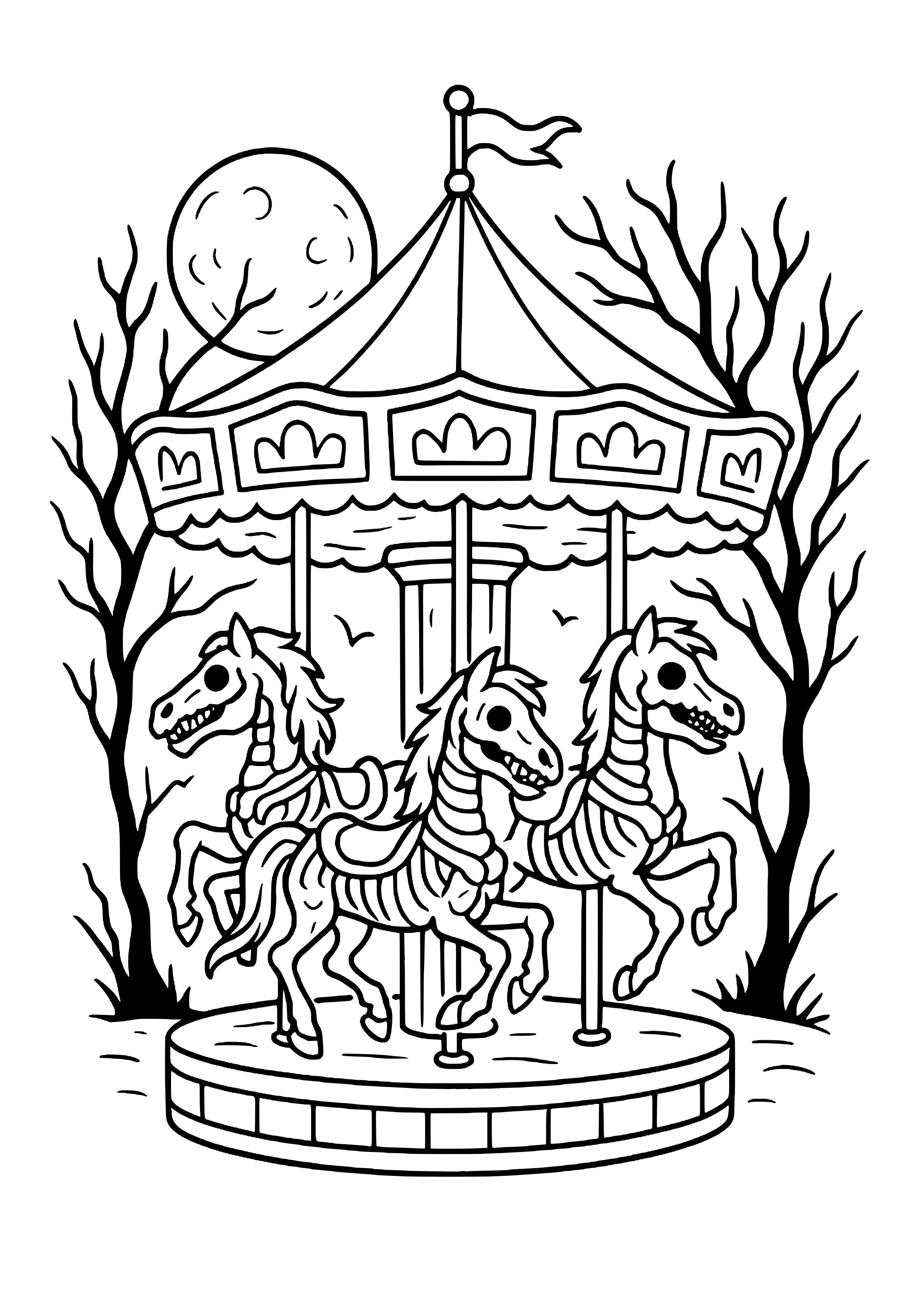 Haunted Carousel with Eerie Horses Coloring Page