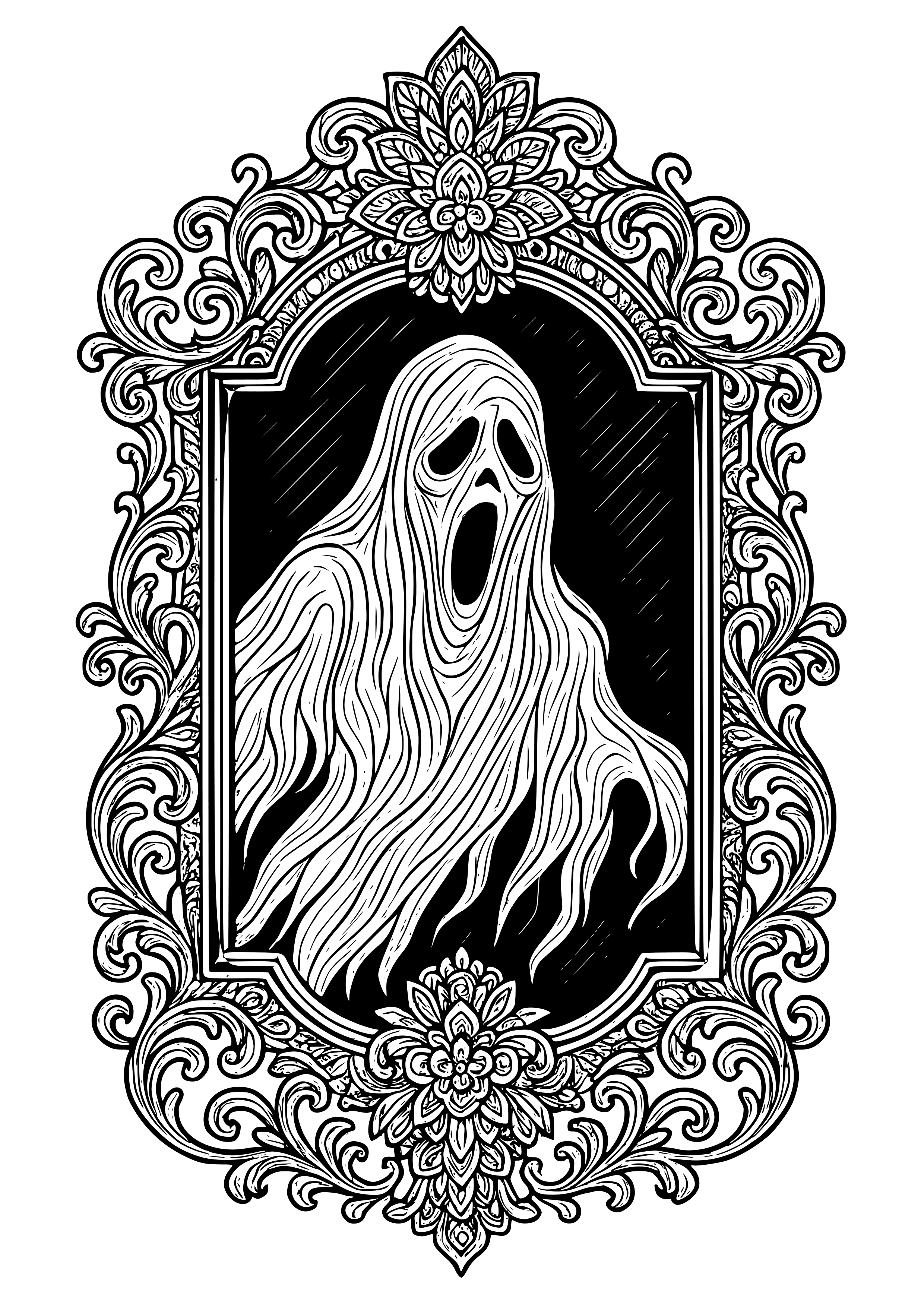 Haunted Mirror Reflecting a Ghostly Figure Coloring Page