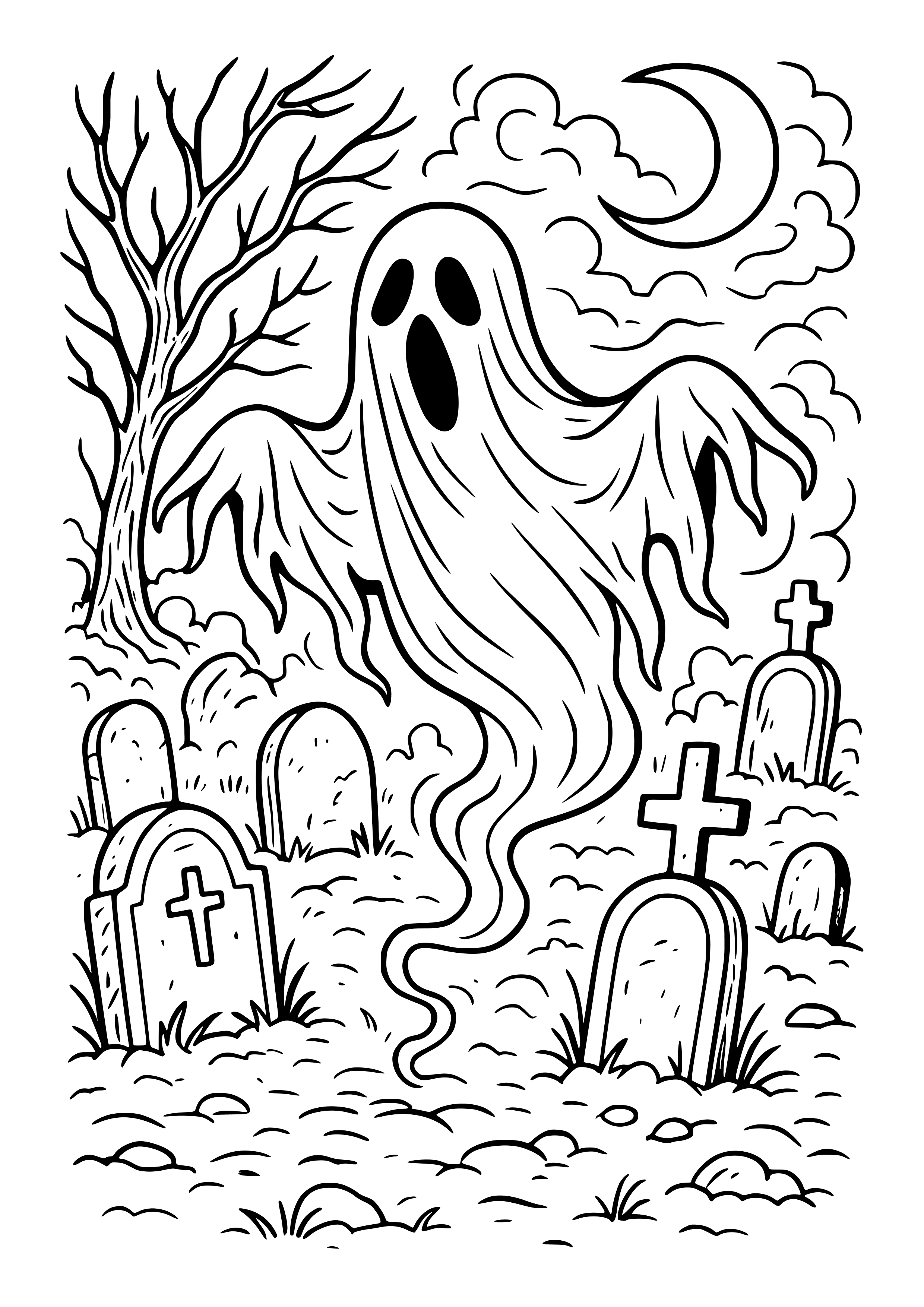 Haunting Ghost Floating in a Graveyard Coloring Page
