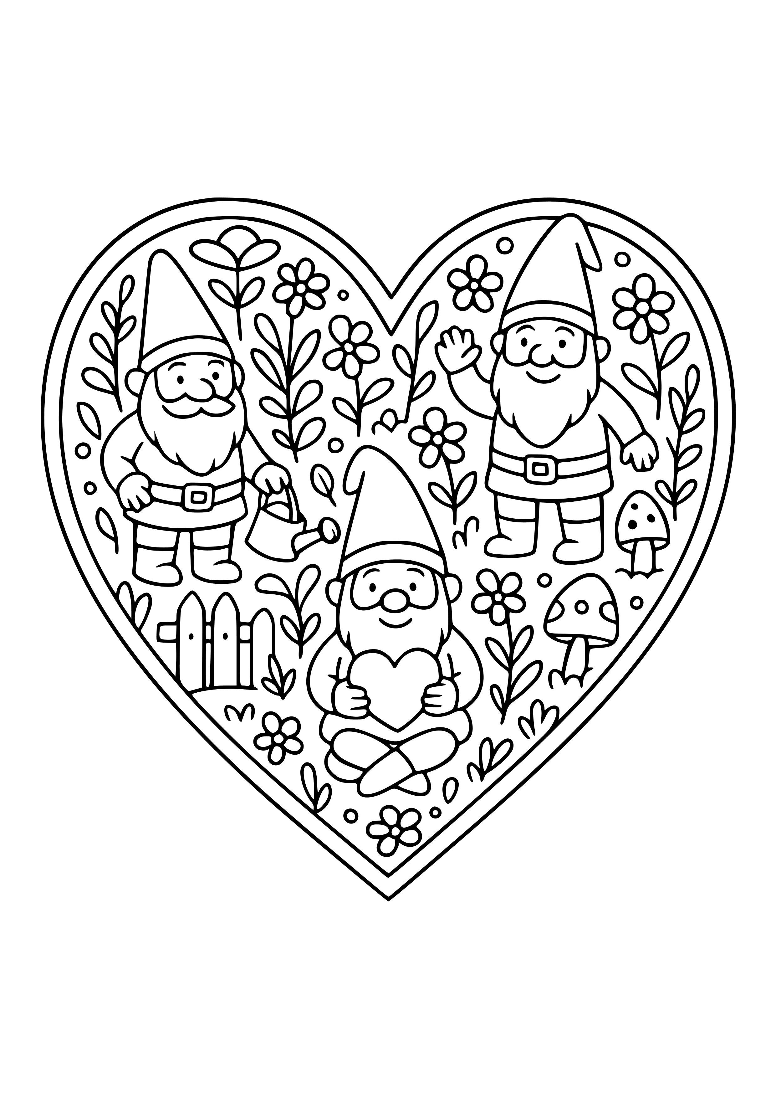 Heart-shaped Garden with Gnomes Coloring Page