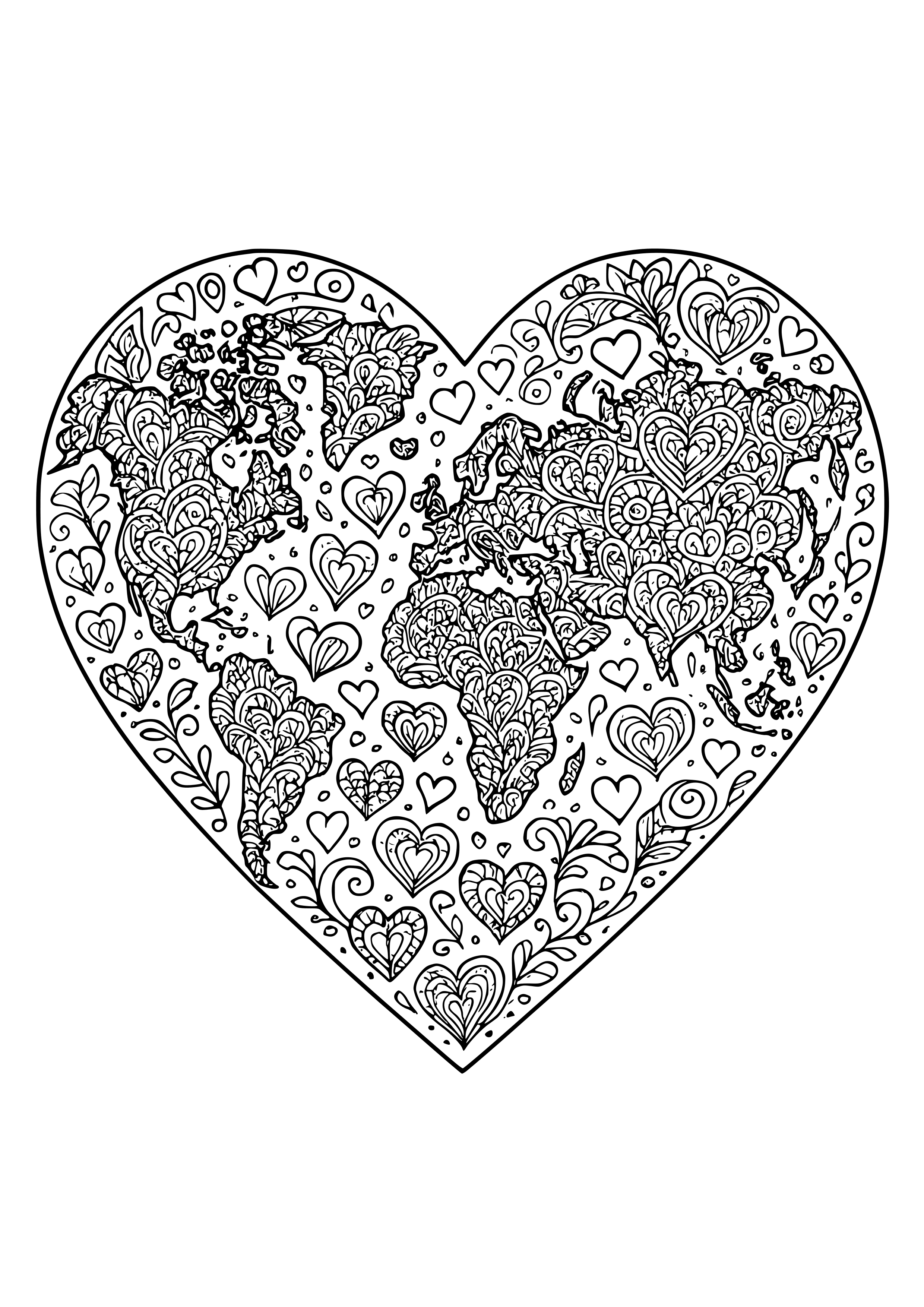 Heart-shaped World Map with Love Symbols Coloring Page