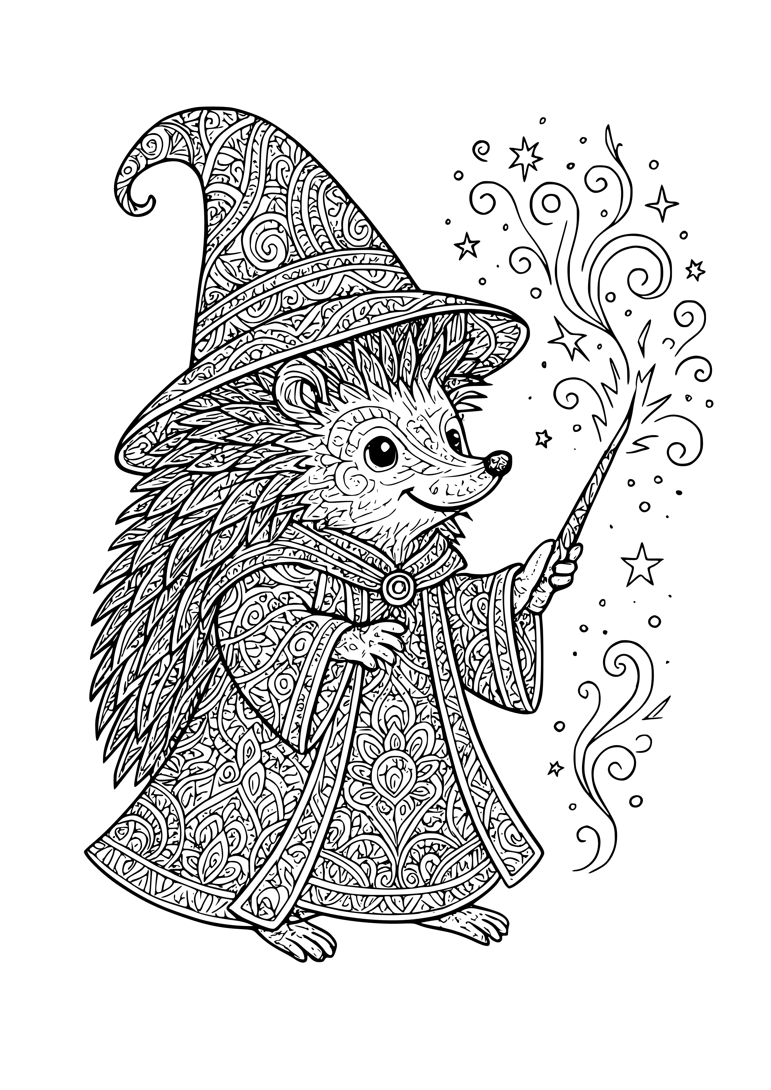 Hedgehog Dressed as a Wizard Casting Spells Coloring Page