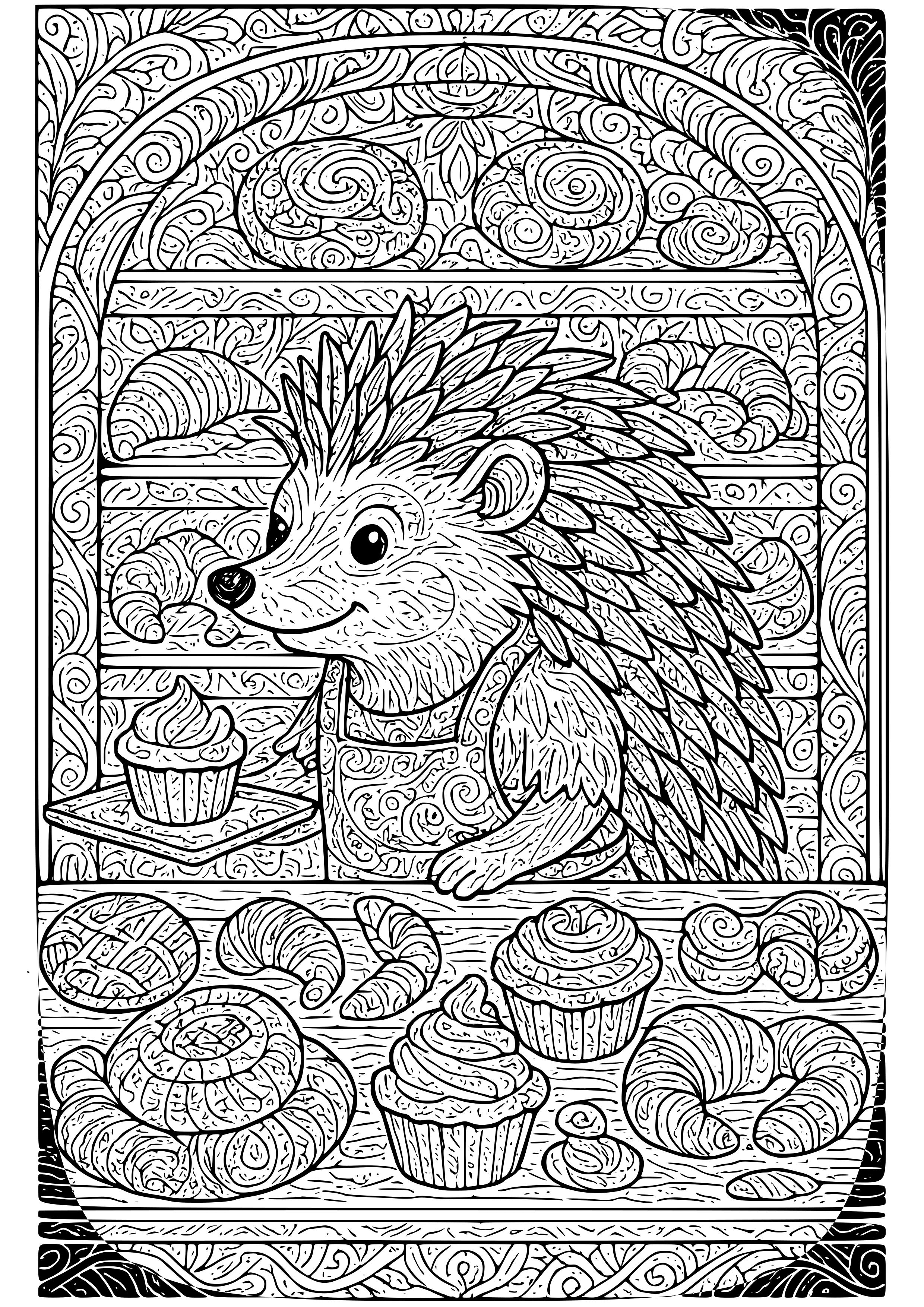 Hedgehog Running a Bakery with Pastries Coloring Page