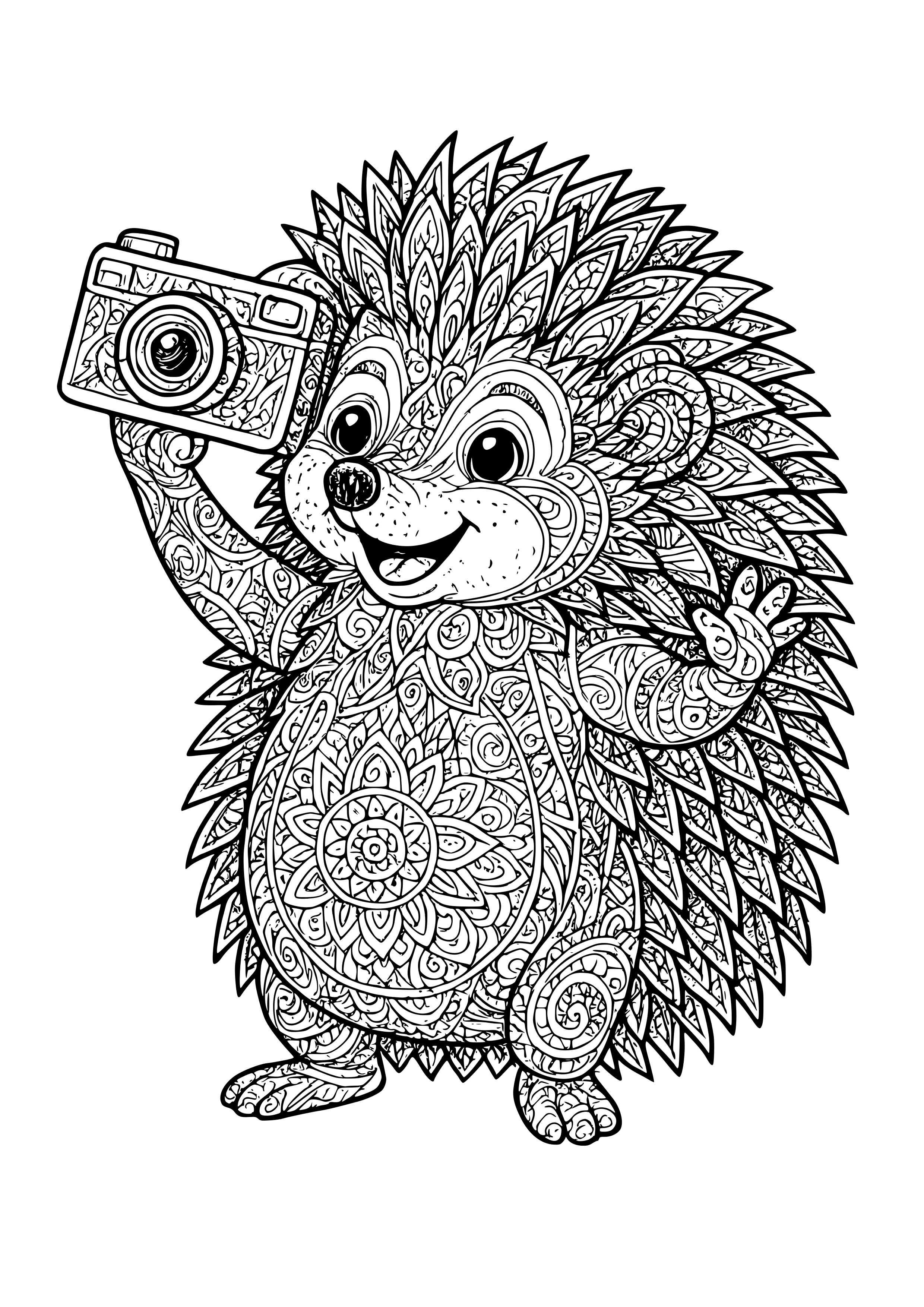 Hedgehog with a Camera Taking Selfies Coloring Page