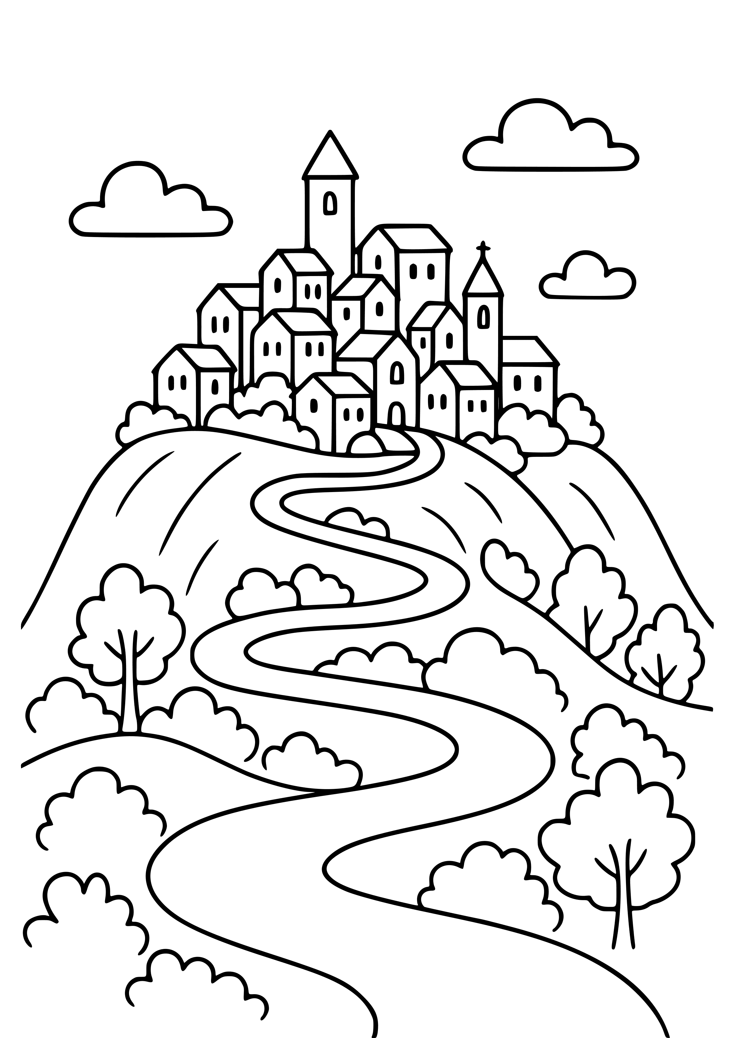 Hilltop City with Winding Roads Coloring Page
