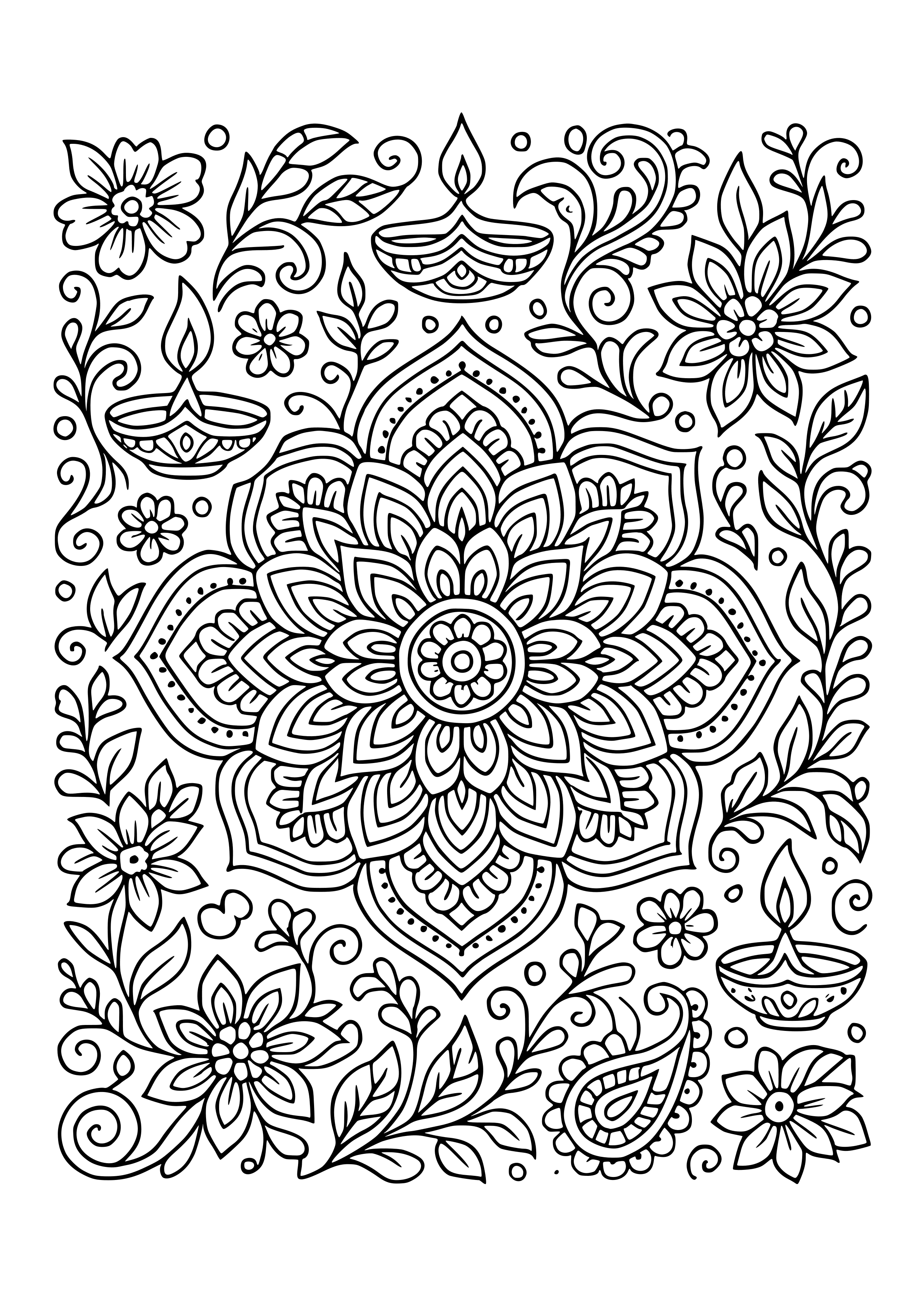Hindu Festival with Vibrant Rangoli Designs Coloring Page
