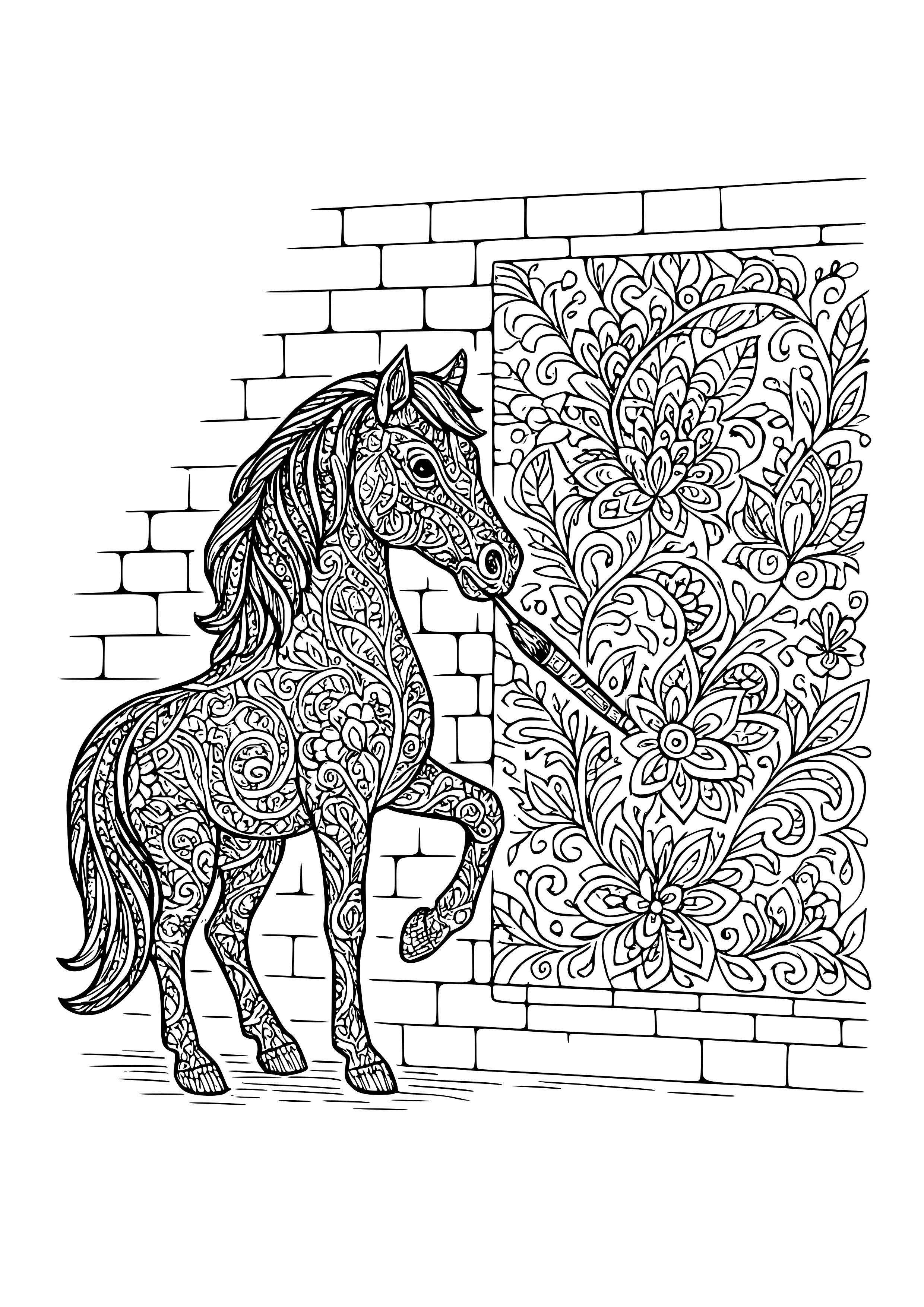 Horse with a Paintbrush Creating a Mural Coloring Page