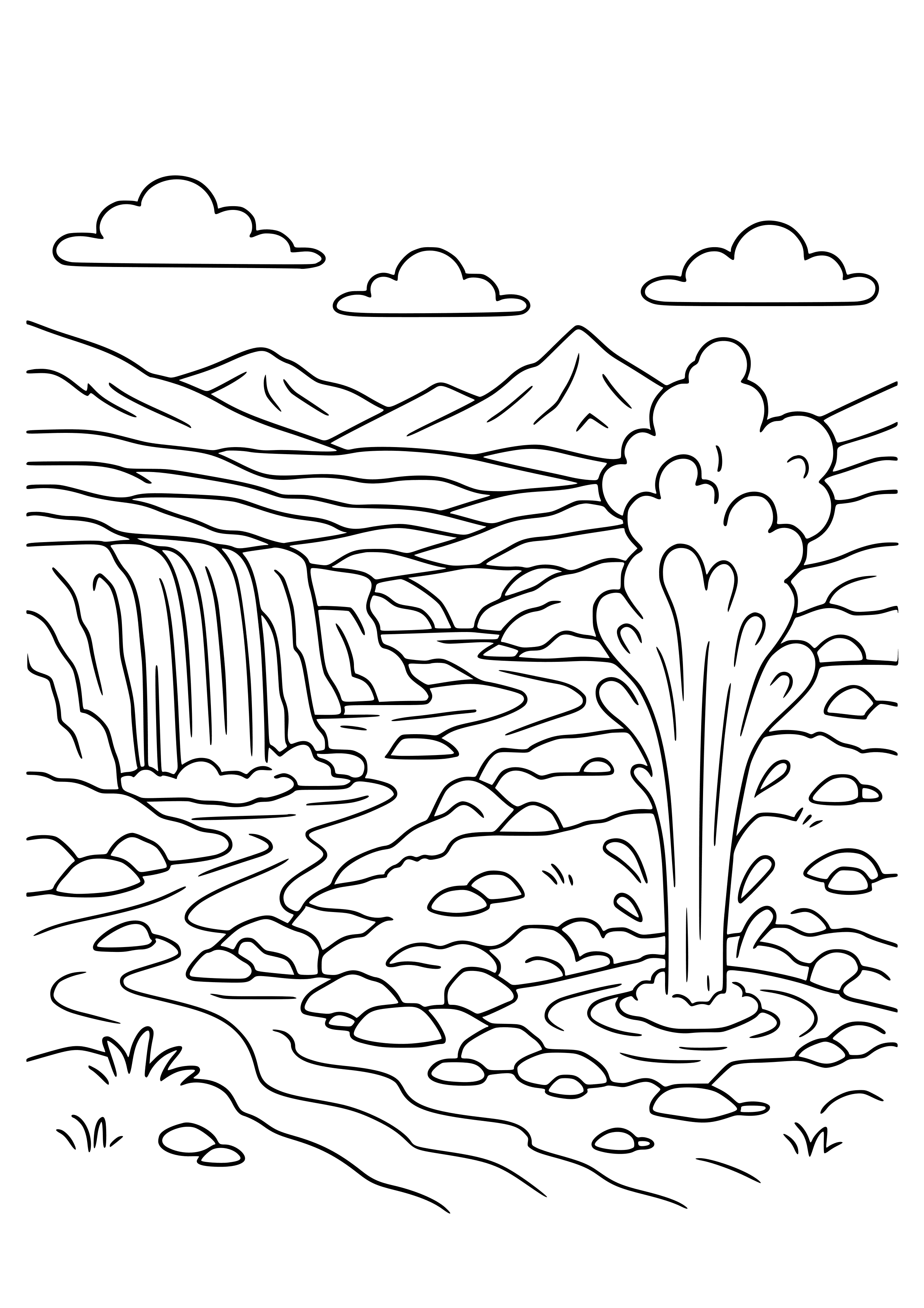 Icelandic Nature with Waterfalls and Geysers Coloring Page