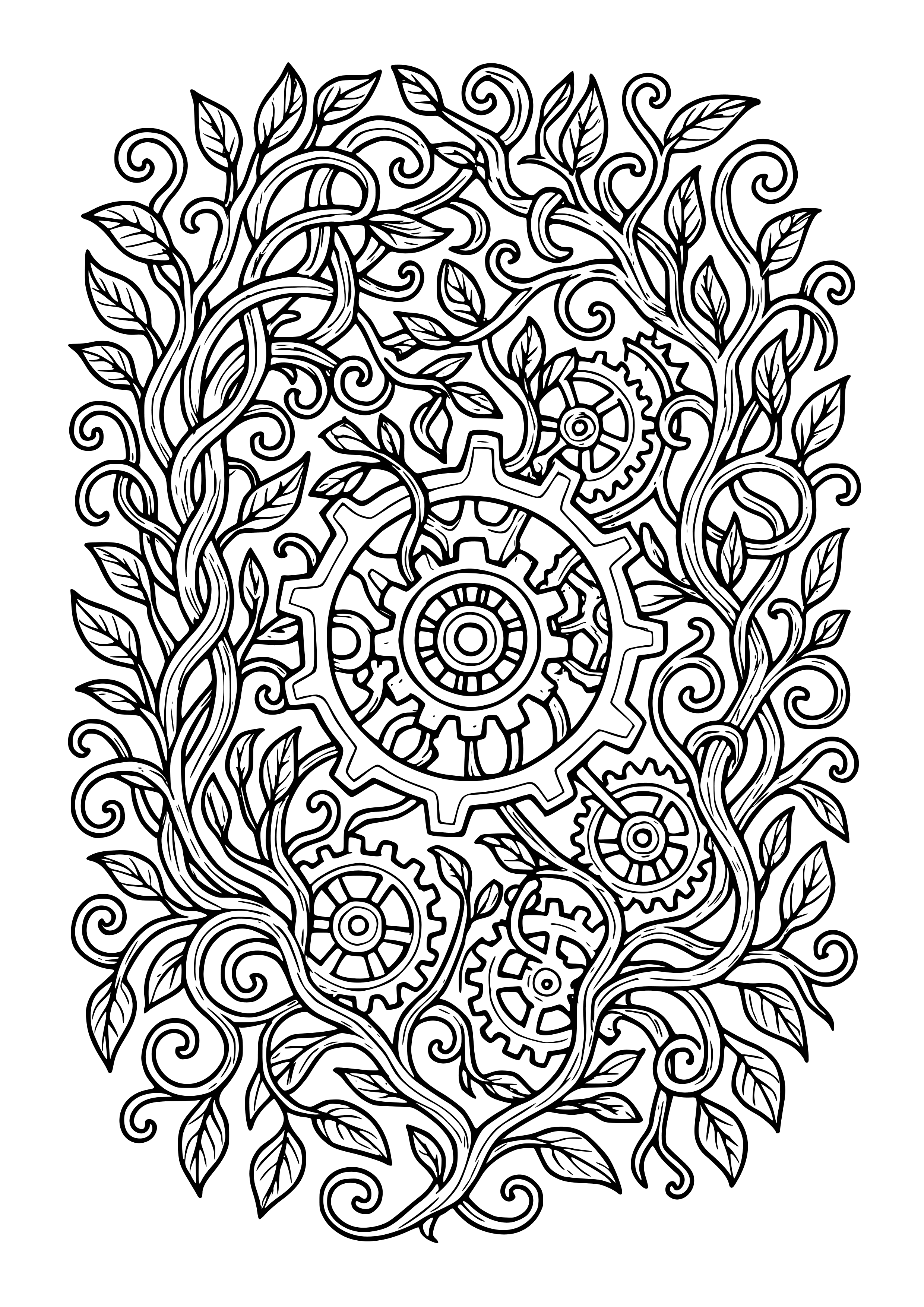 Intertwined Vines and Mechanisms Symbolizing Growth Coloring Page