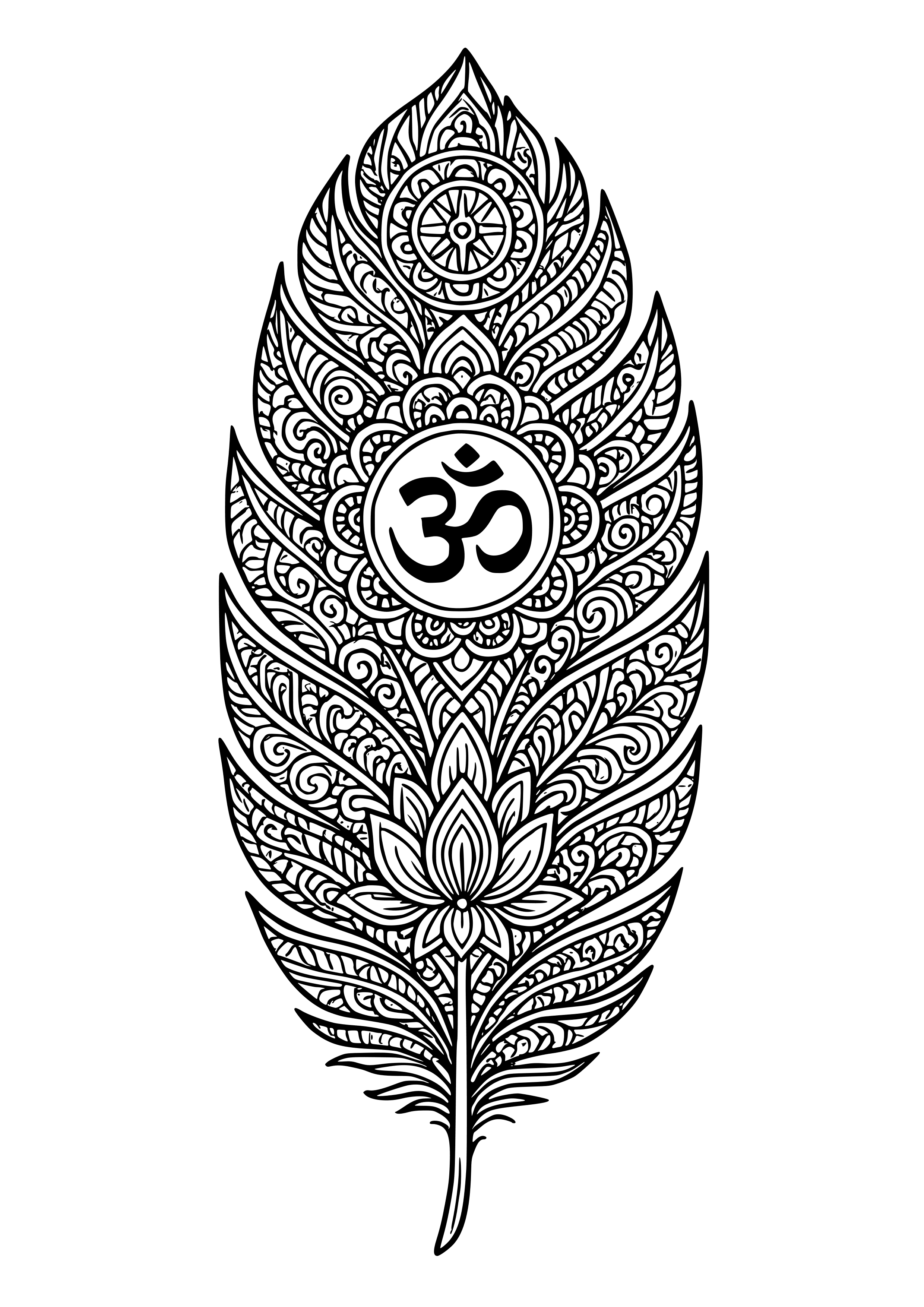 Intricate Feather with Sacred Symbols Coloring Page