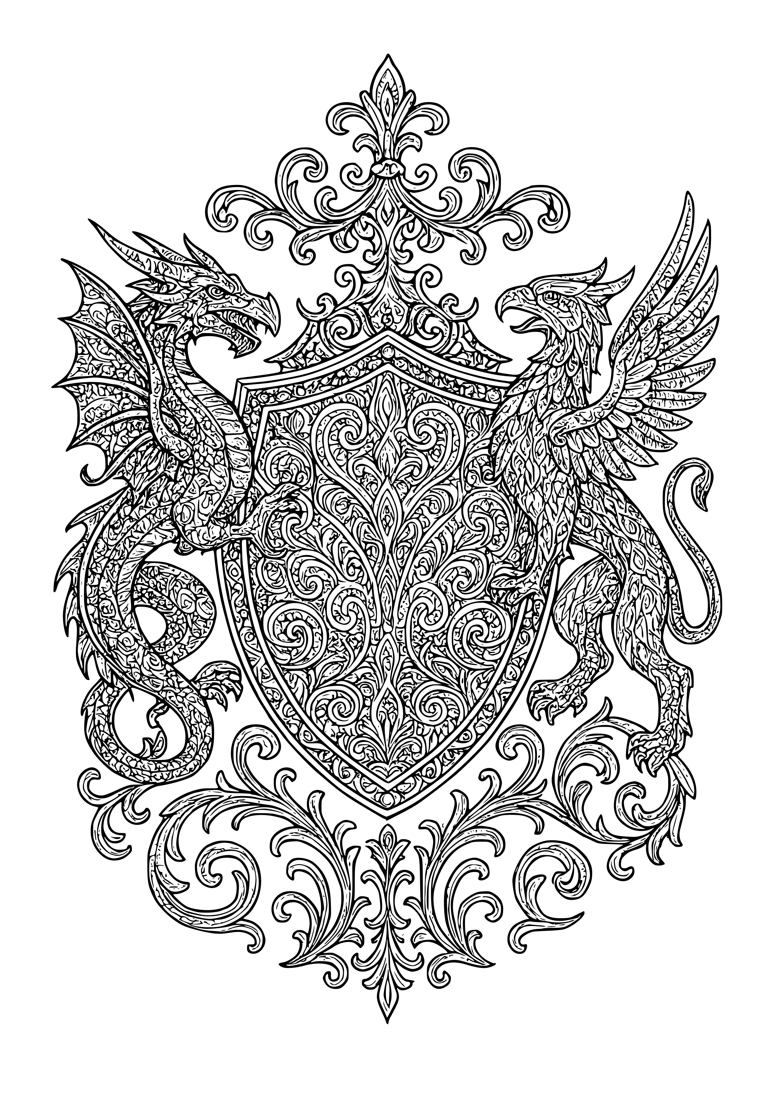 Intricate Heraldic Shield with Mythical Creatures Coloring Page