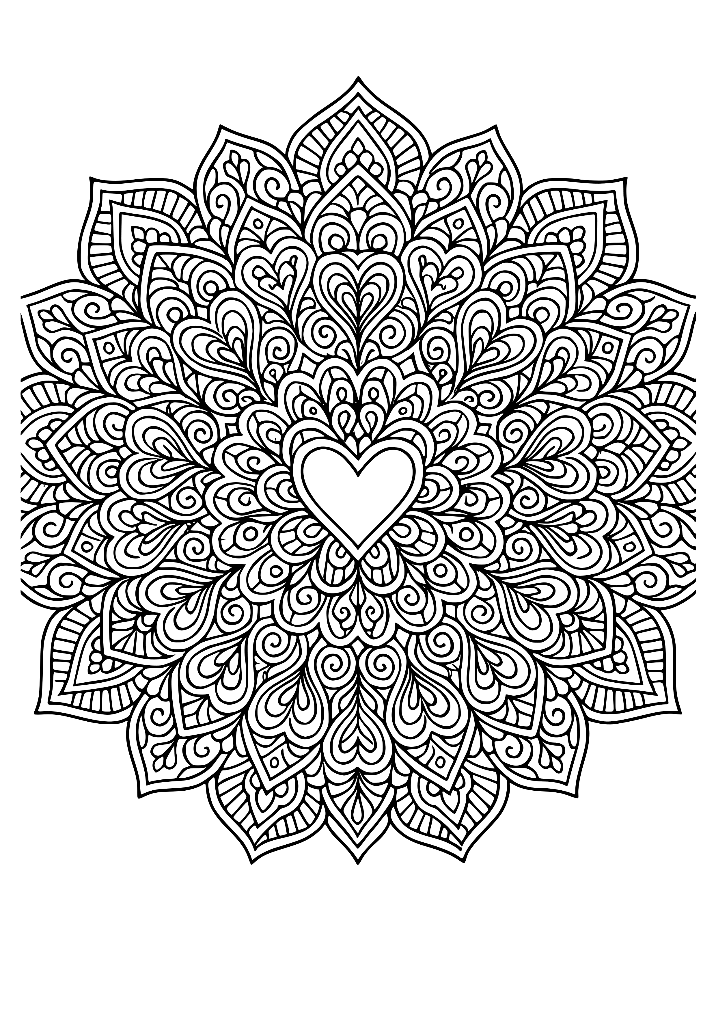 Intricate Mandala of Hearts Coloring Page