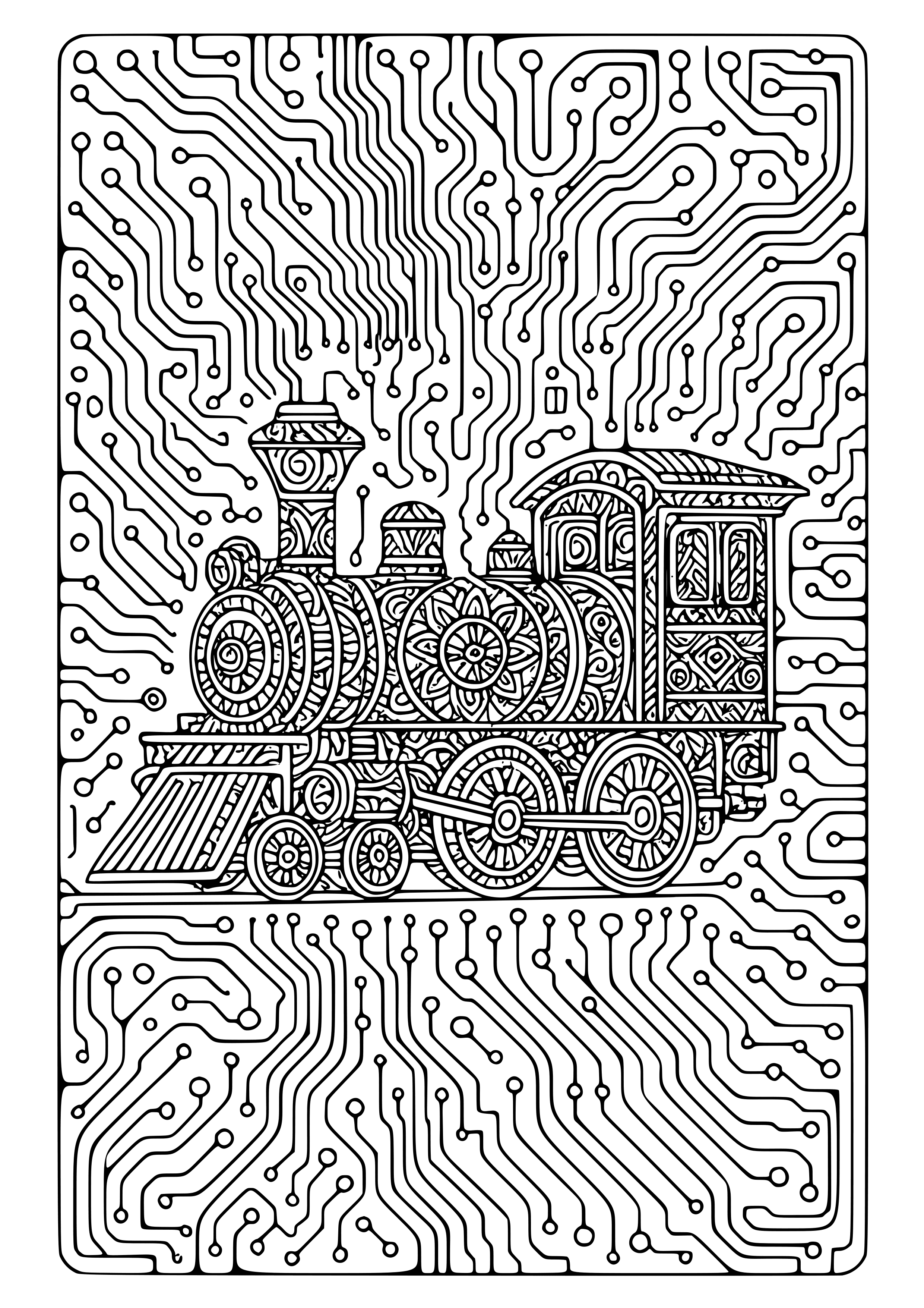 Intricate Train Circuit Board Design Coloring Page
