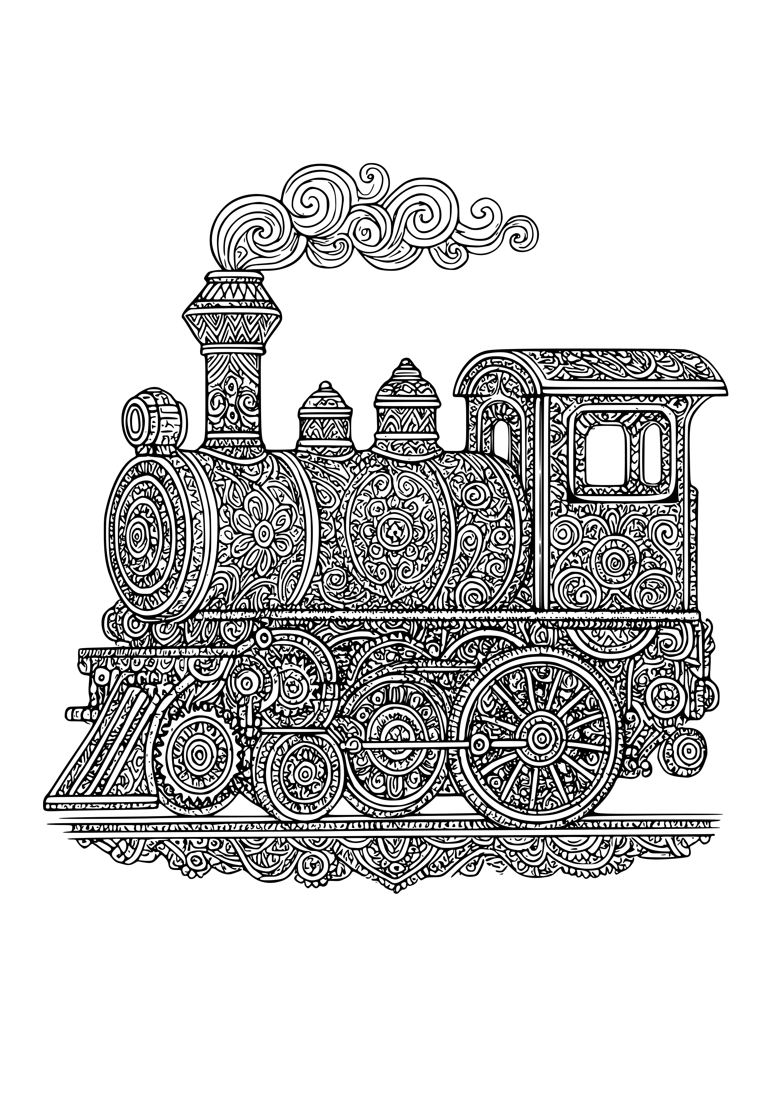 Intricate Train Design with Gears and Wheels Coloring Page