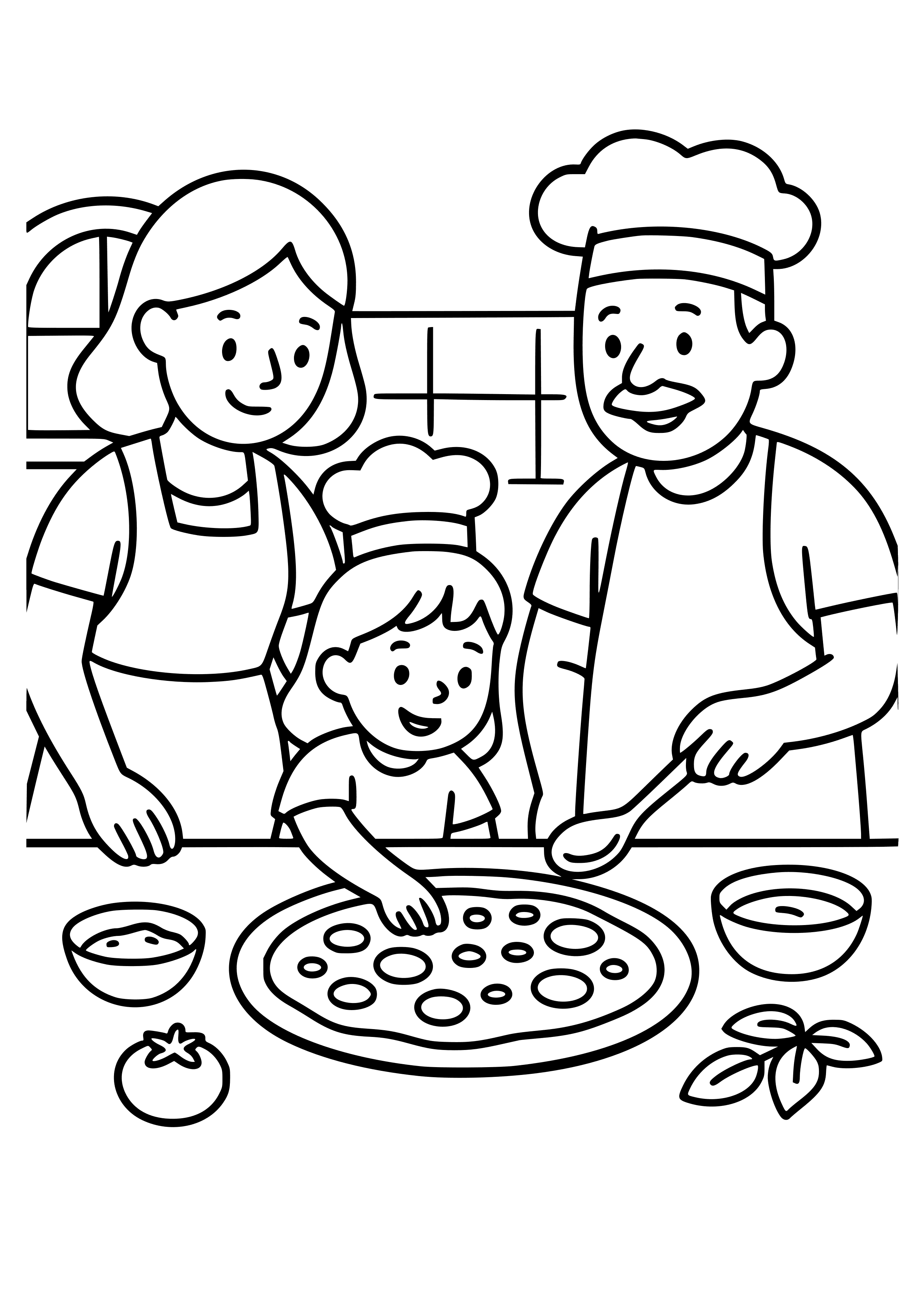 Italian Family Making Pizza in the Kitchen Coloring Page