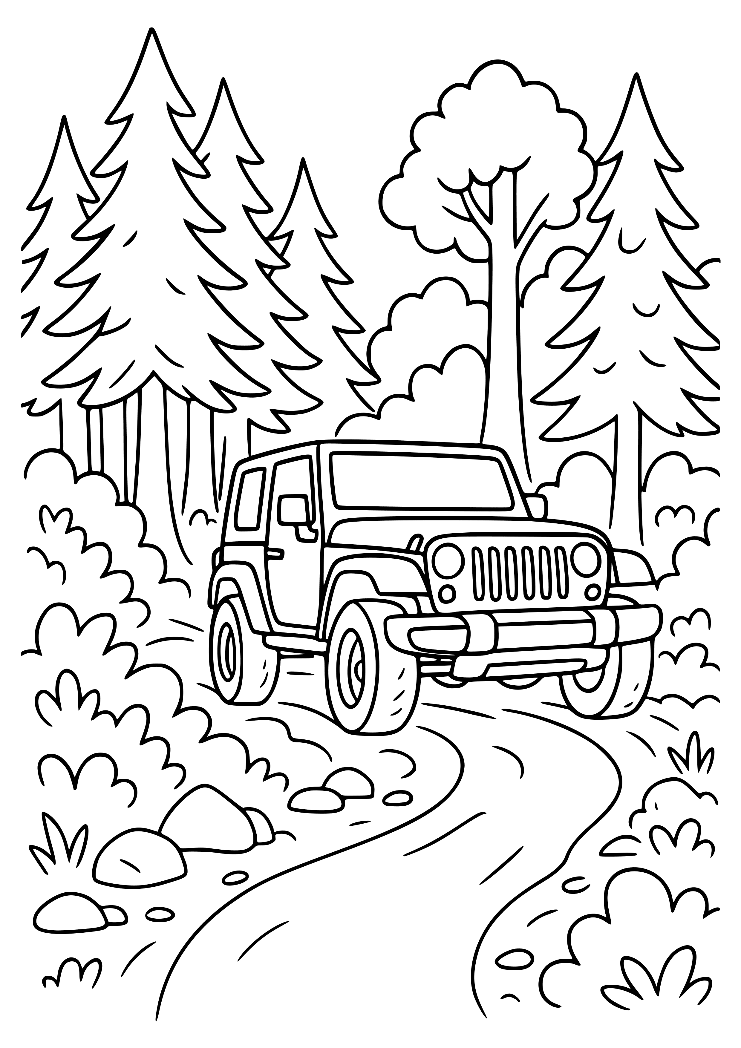 Jeep Navigating Through a Forest Coloring Page