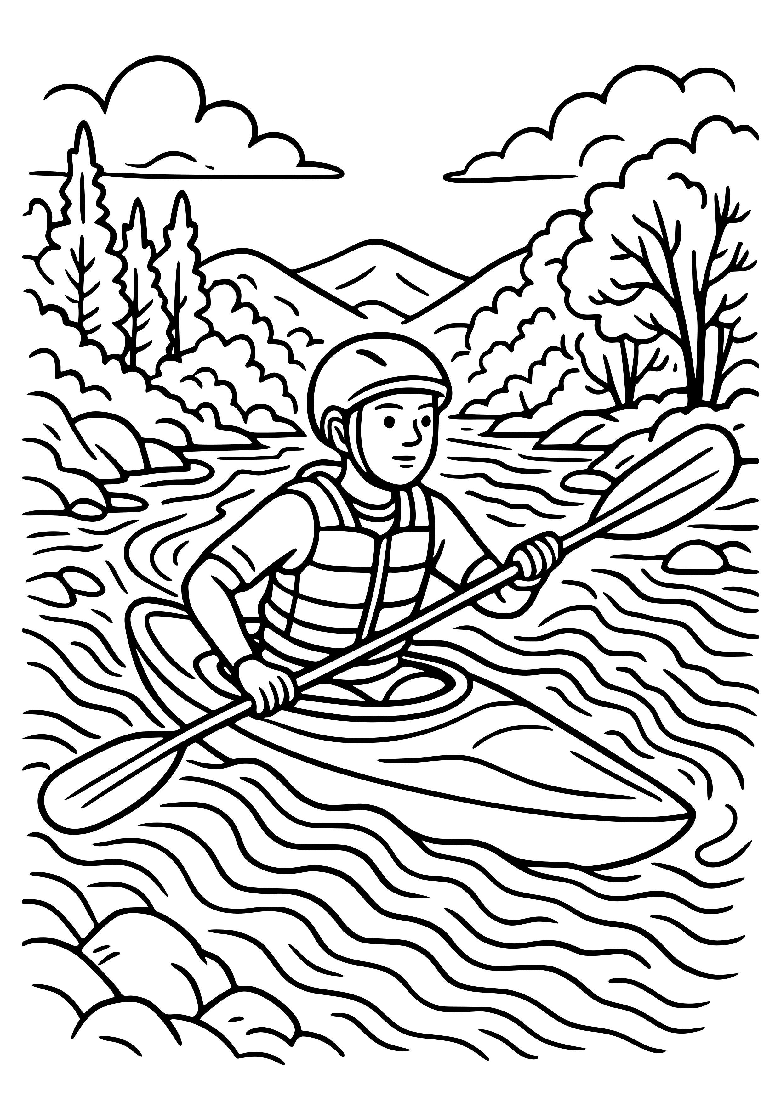 Kayaker Paddling Down a River Coloring Page