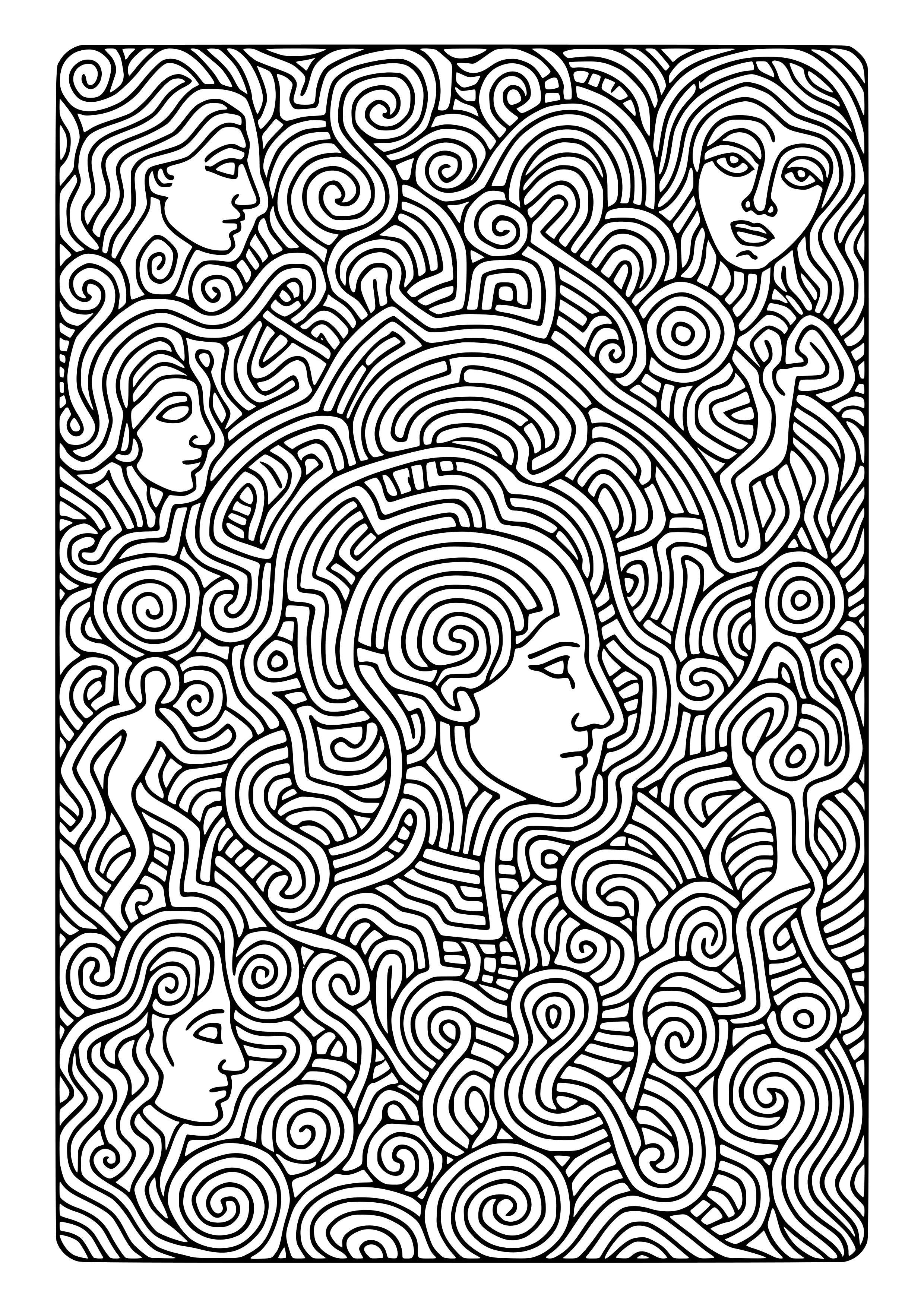 Labyrinth of Thoughts with Hidden Faces and Figures Coloring Page