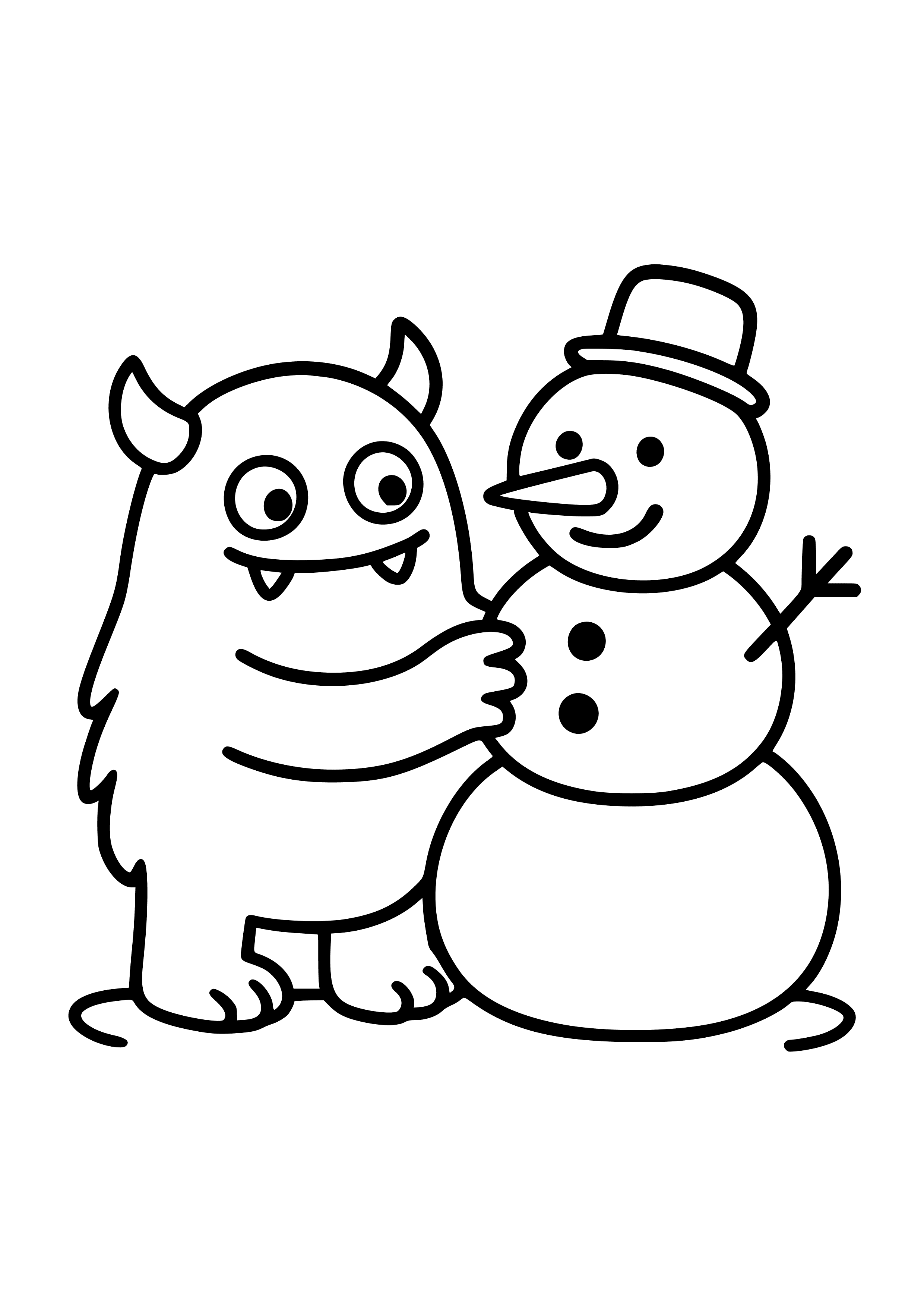 Little Blue Monster Making a Snowman Coloring Page