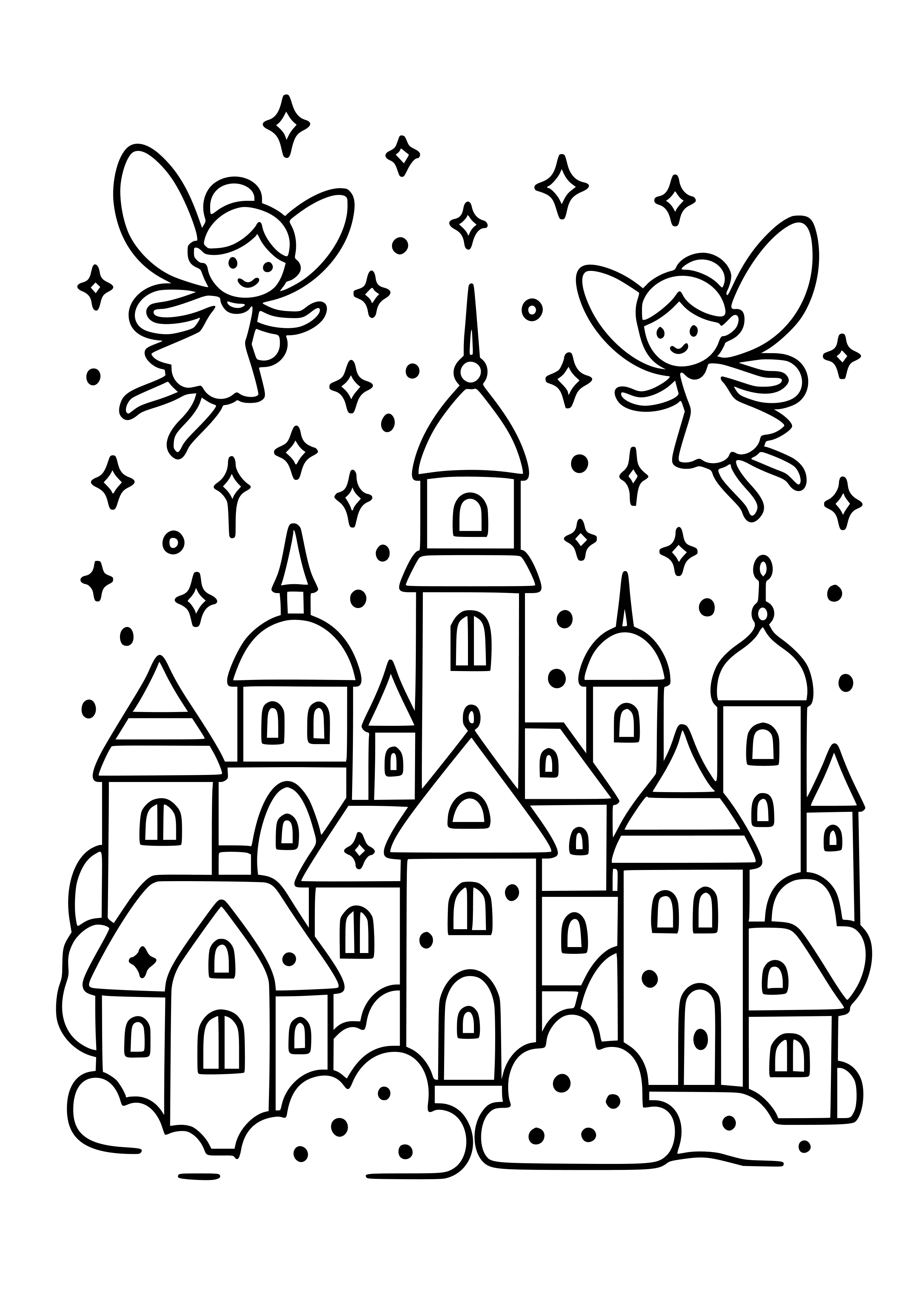 Magical City with Fairies and Lights Coloring Page