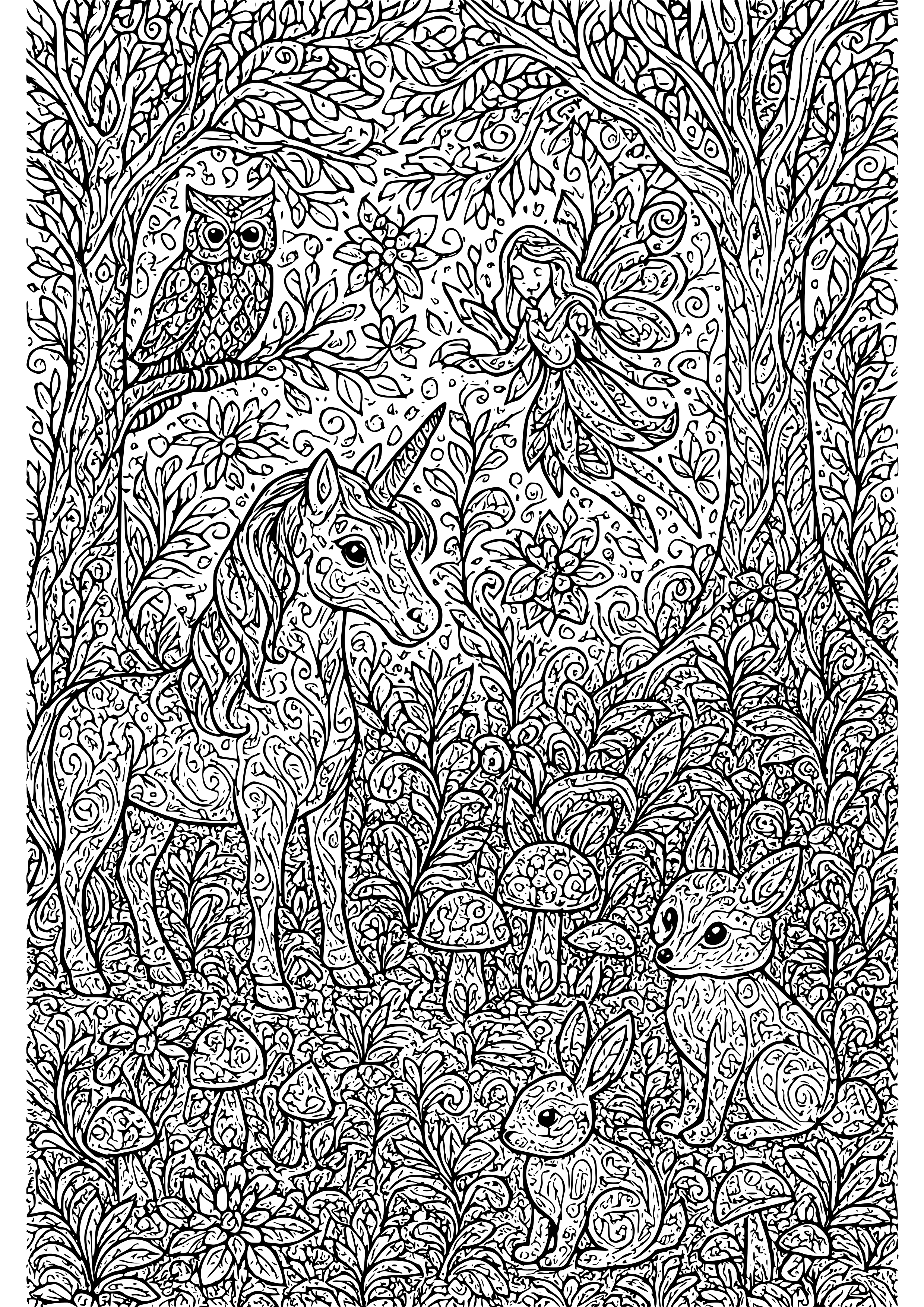 Magical Forest with Mythical Creatures Coloring Page