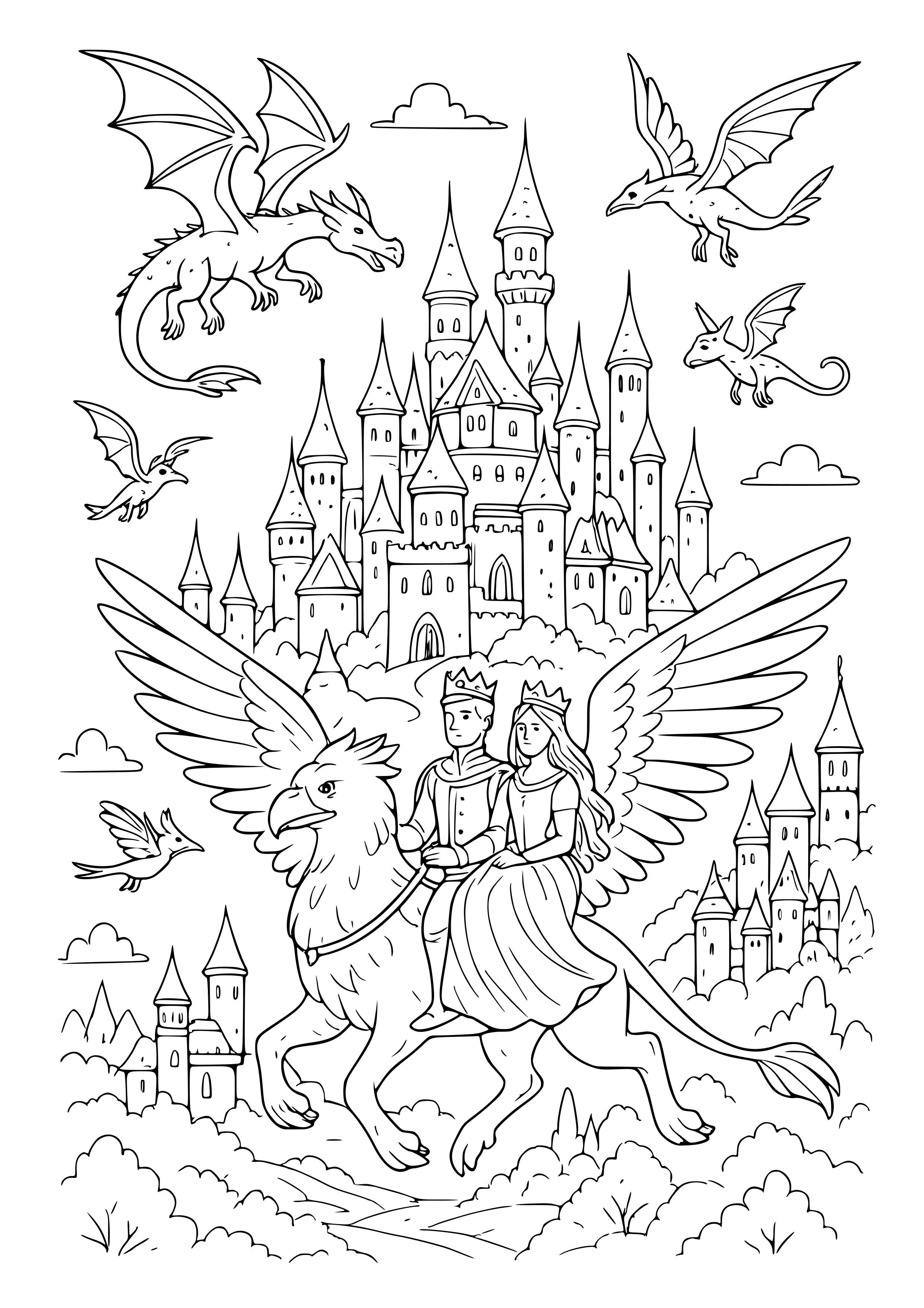 Magical Kingdom with Flying Creatures Coloring Page