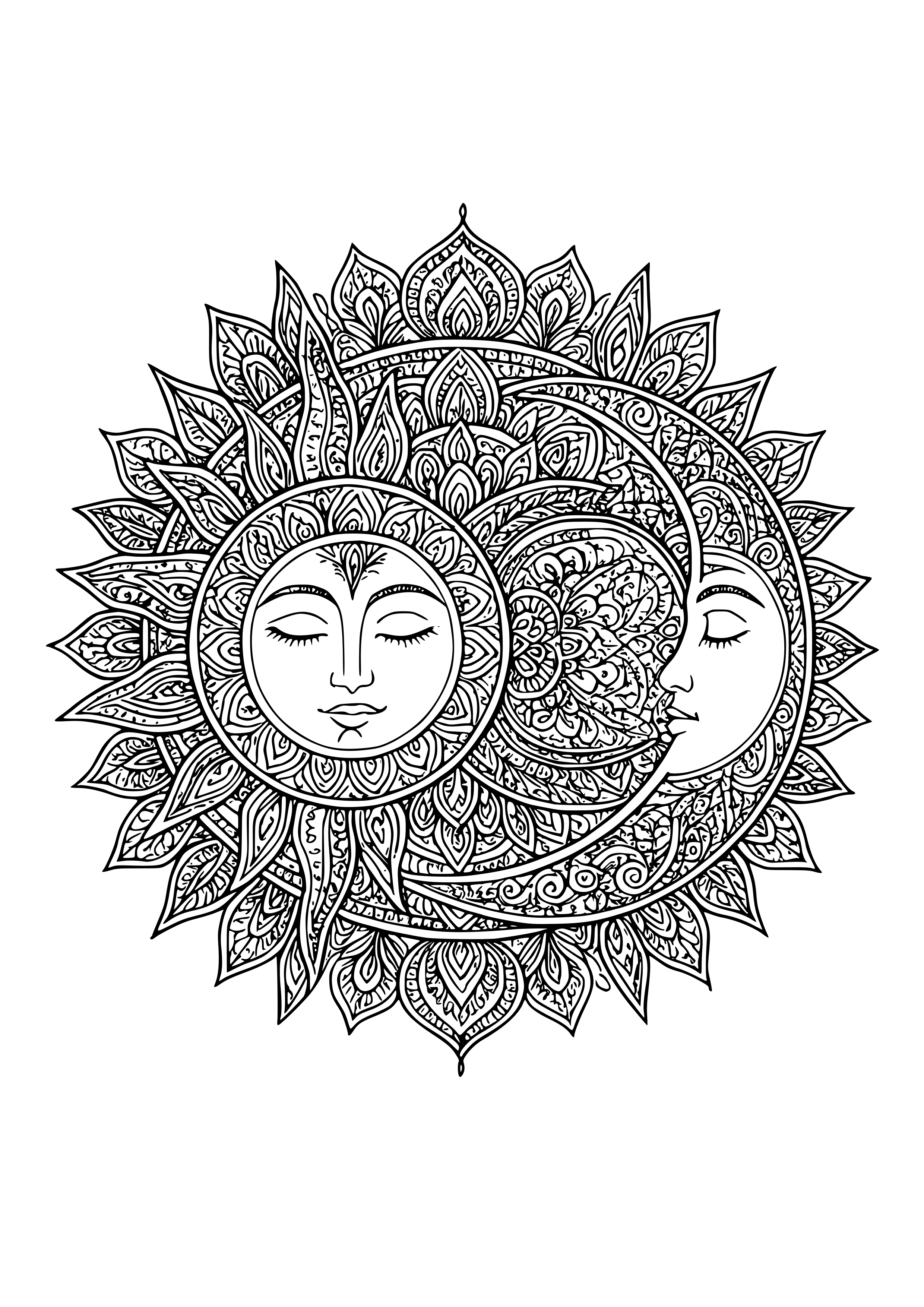 Mandala Sun and Moon Coloring Page