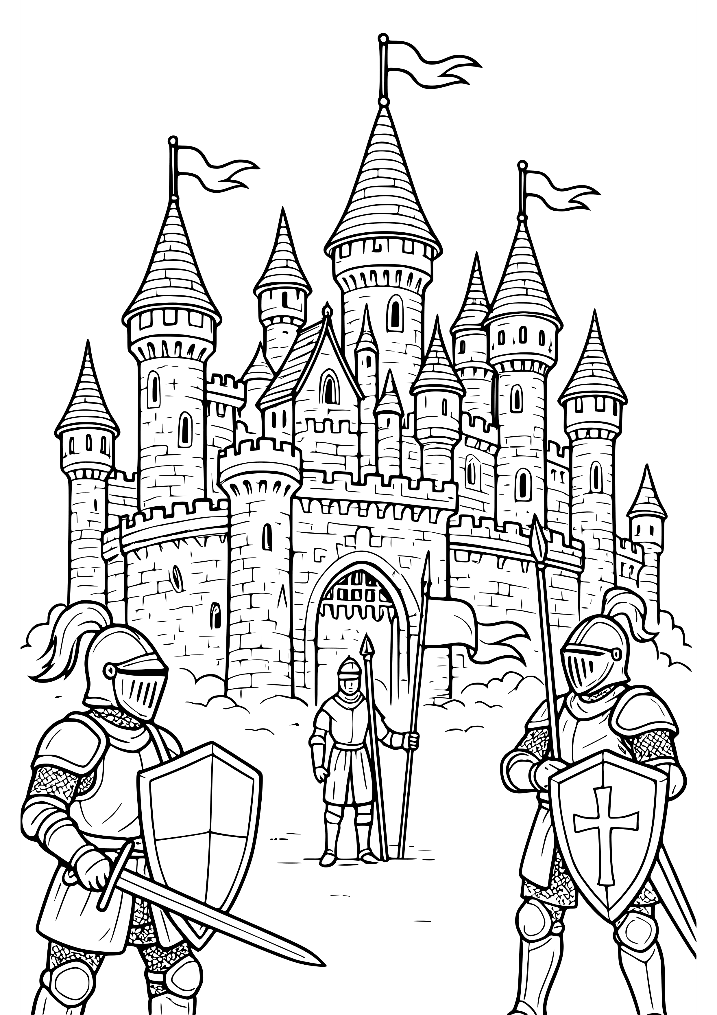Medieval Castle with Knights and Flags Coloring Page