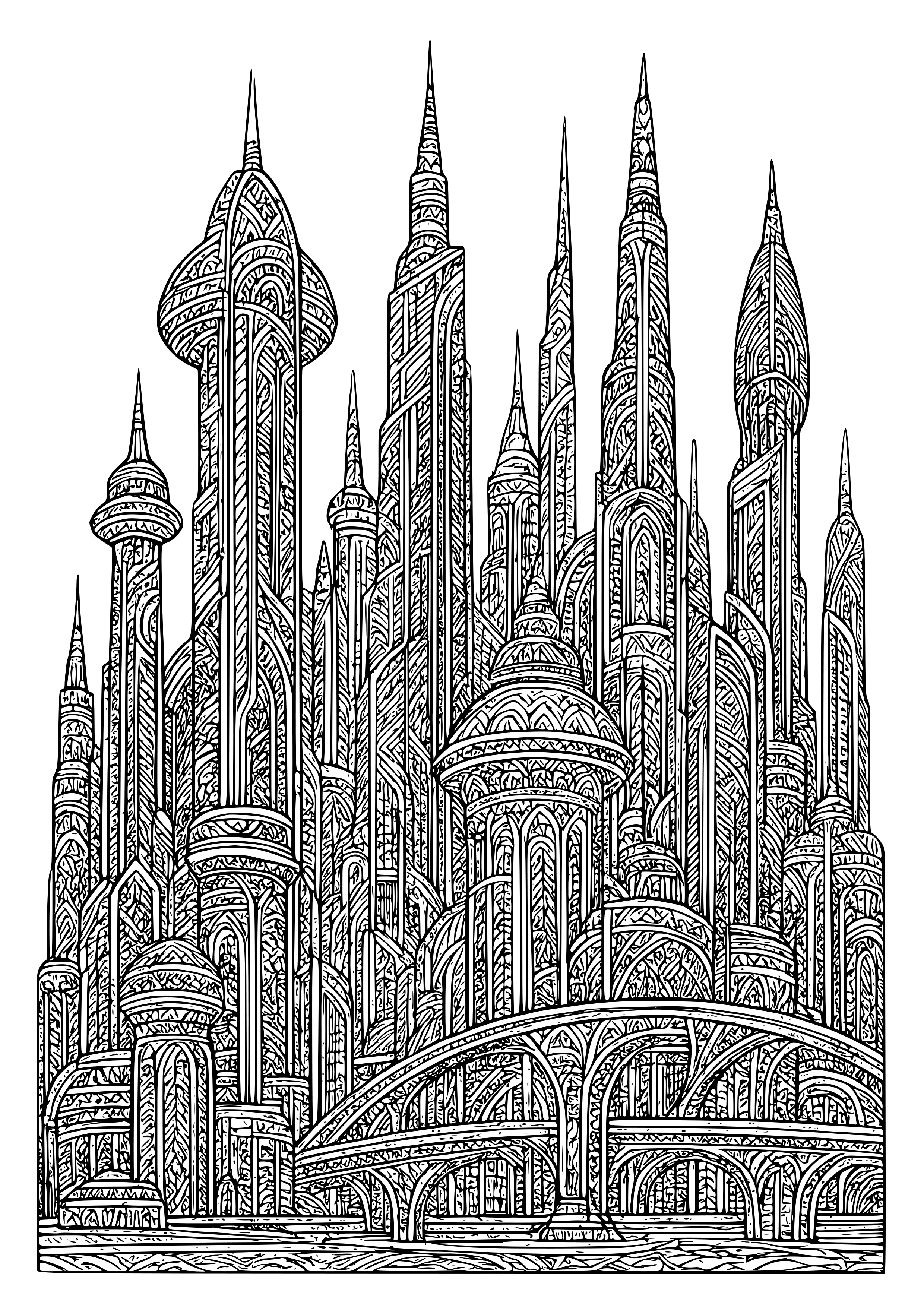 Metropolis with Futuristic Architecture Coloring Page