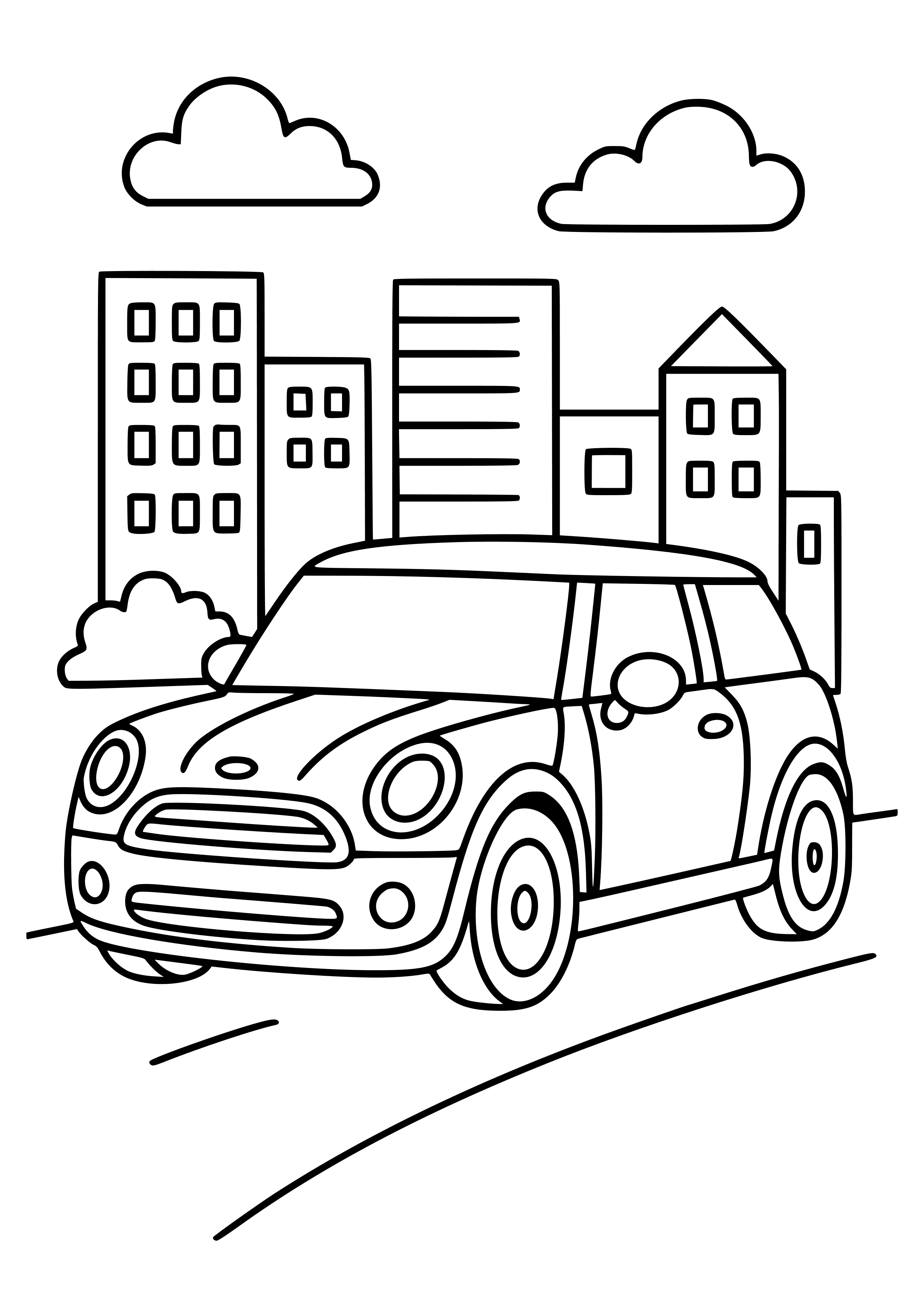 Mini Cooper Driving Through the City Coloring Page