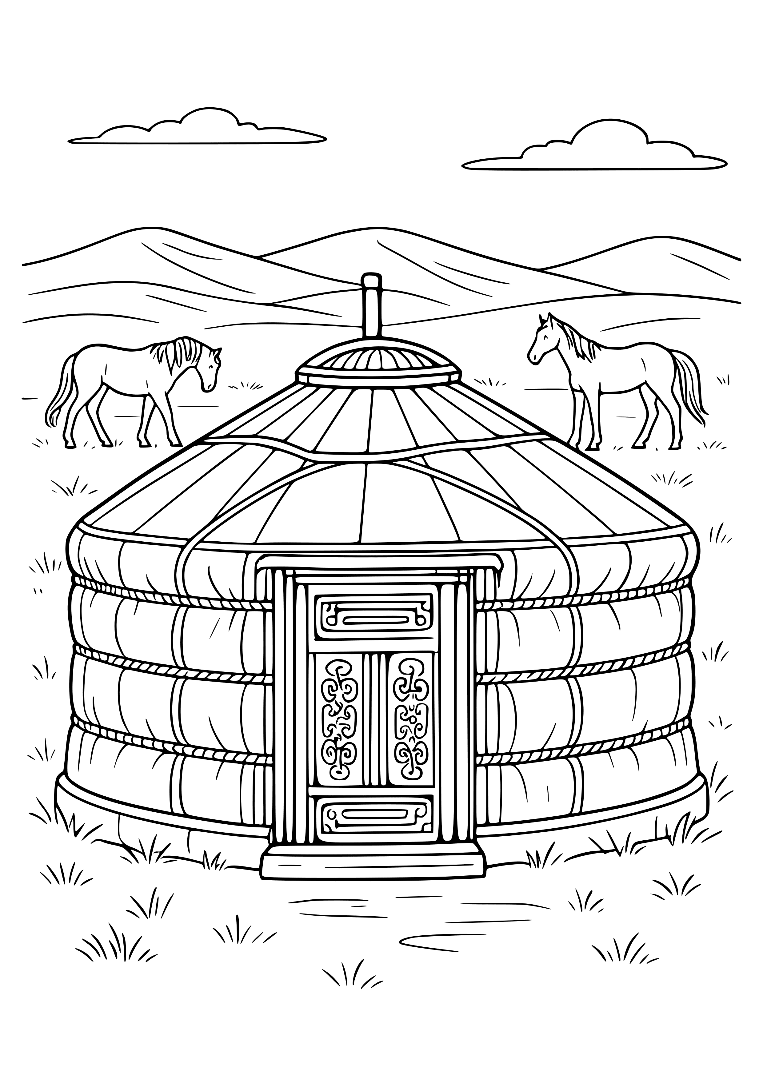 Mongolian Ger with Horses in the Background Coloring Page