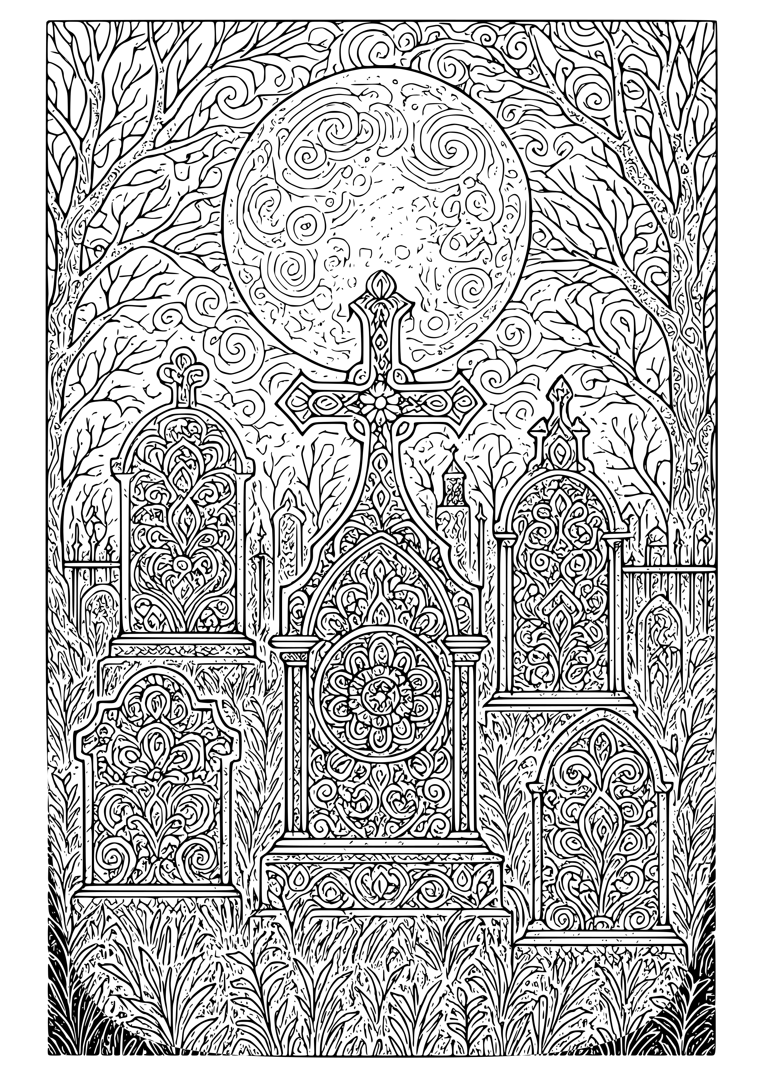 Moonlit Graveyard with Elaborate Headstones Coloring Page