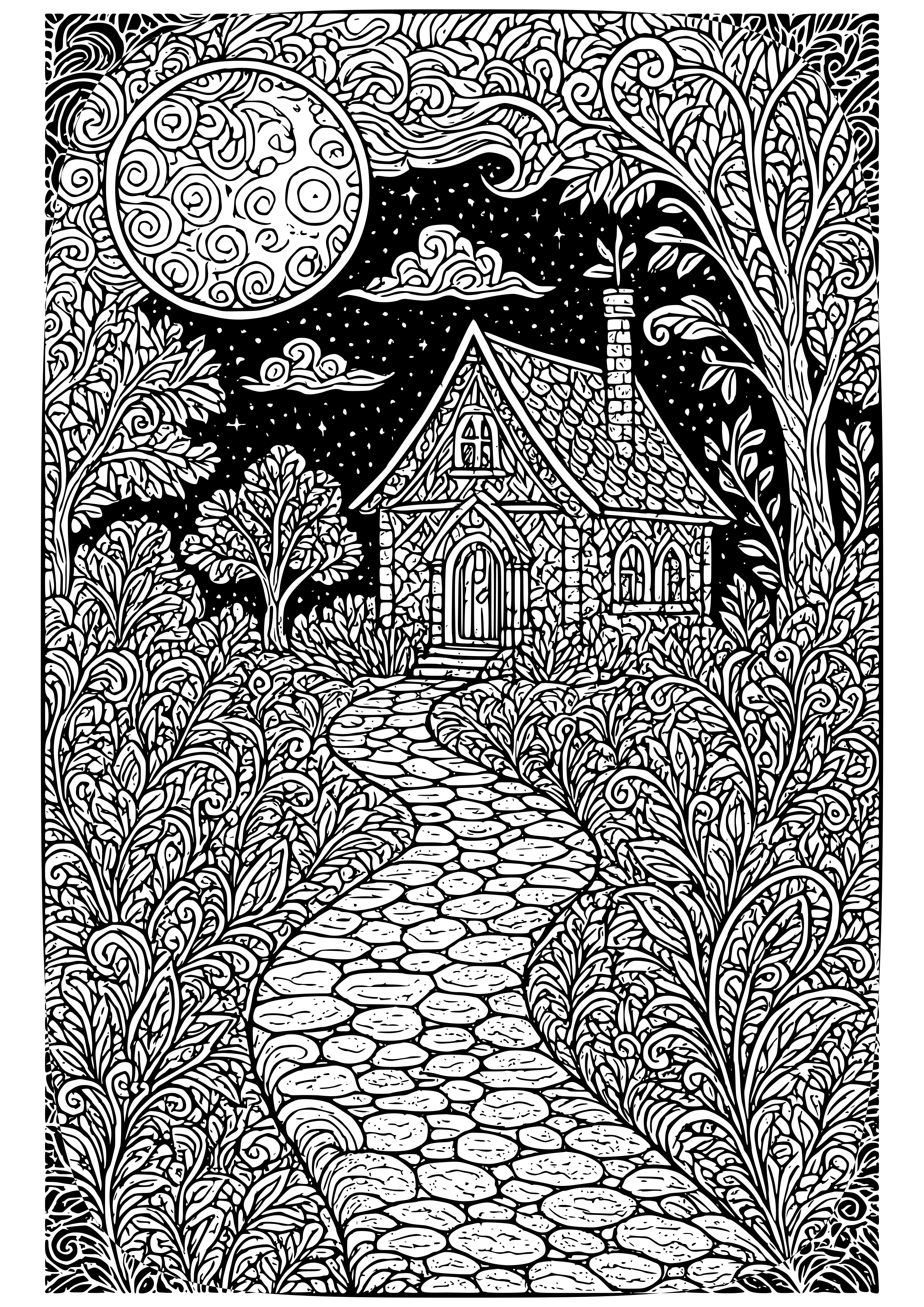 Moonlit Path Leading to a Mysterious Cottage Coloring Page