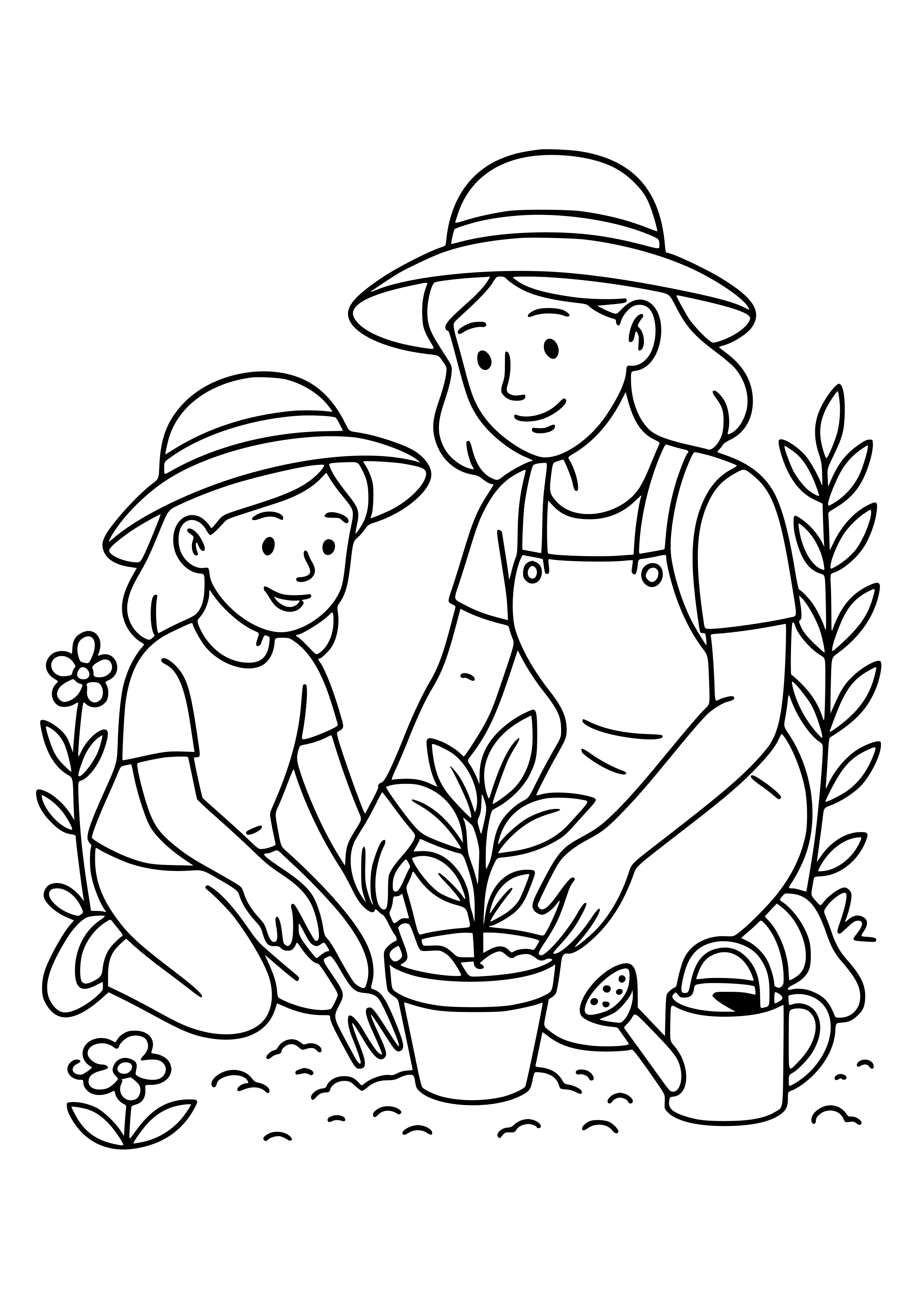 Mother and Child Gardening Together Coloring Page