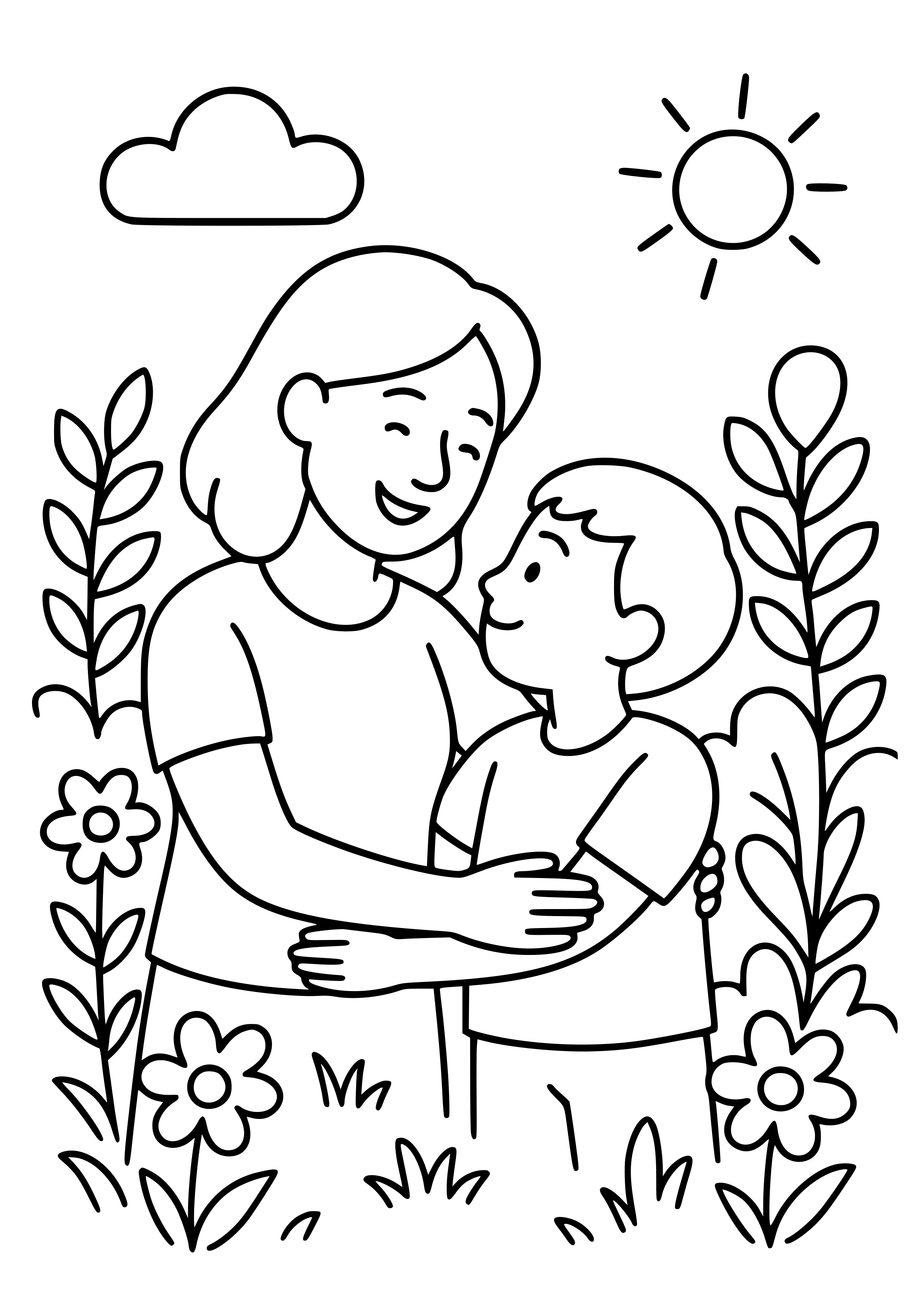 Mother and Child in a Garden Coloring Page