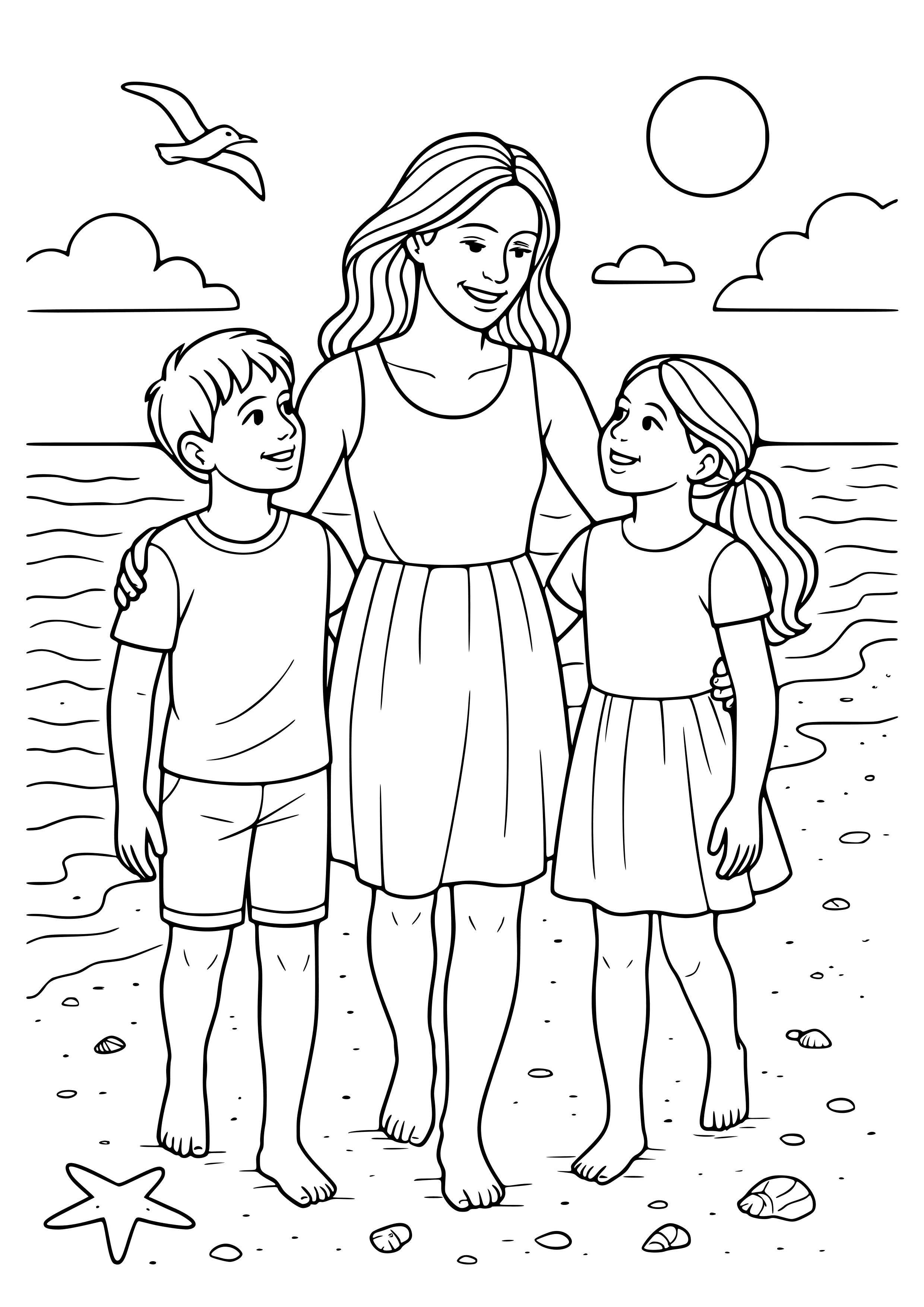 Mother and Children on a Beach Coloring Page