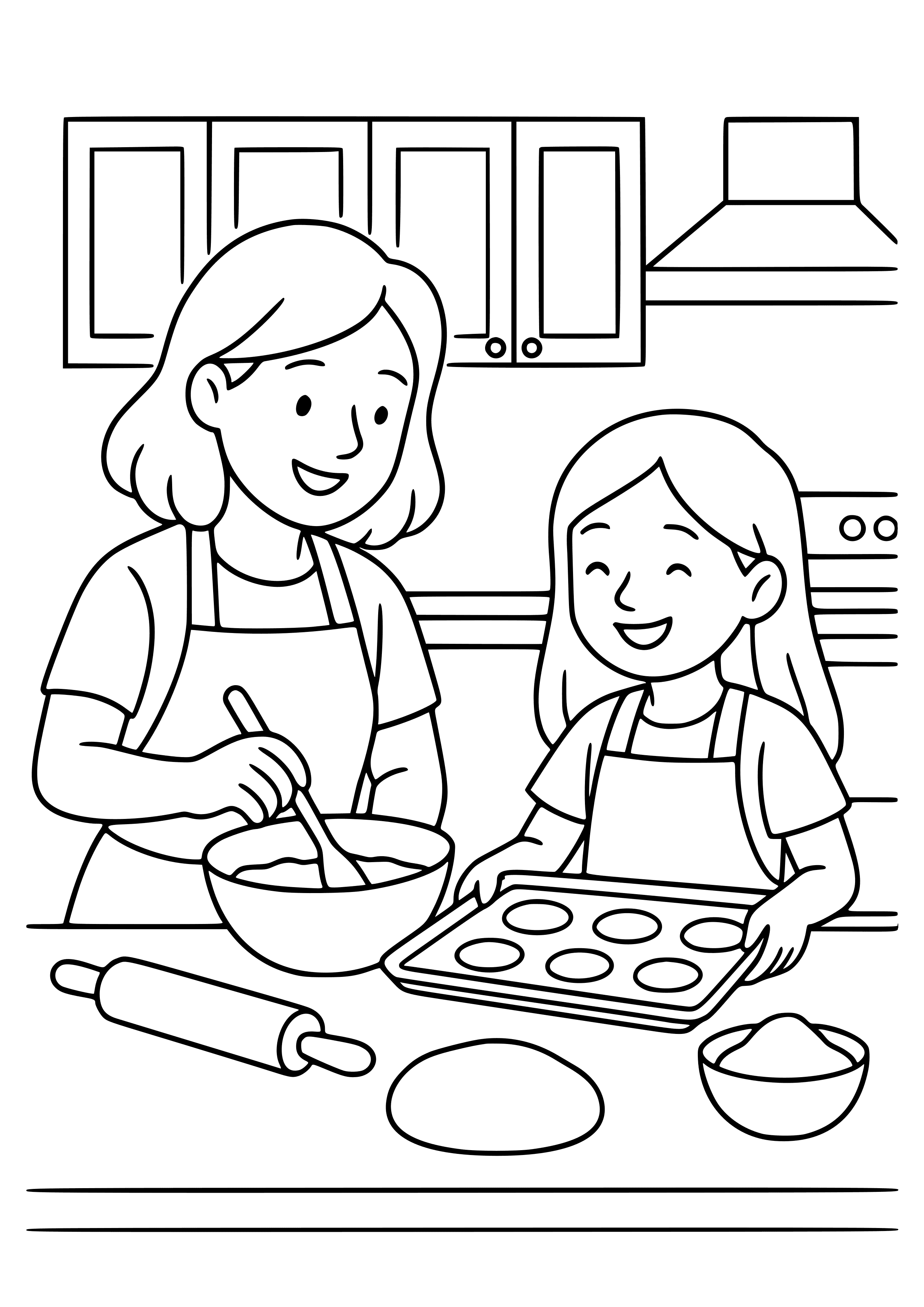 Mother and Daughter Baking in the Kitchen Coloring Page