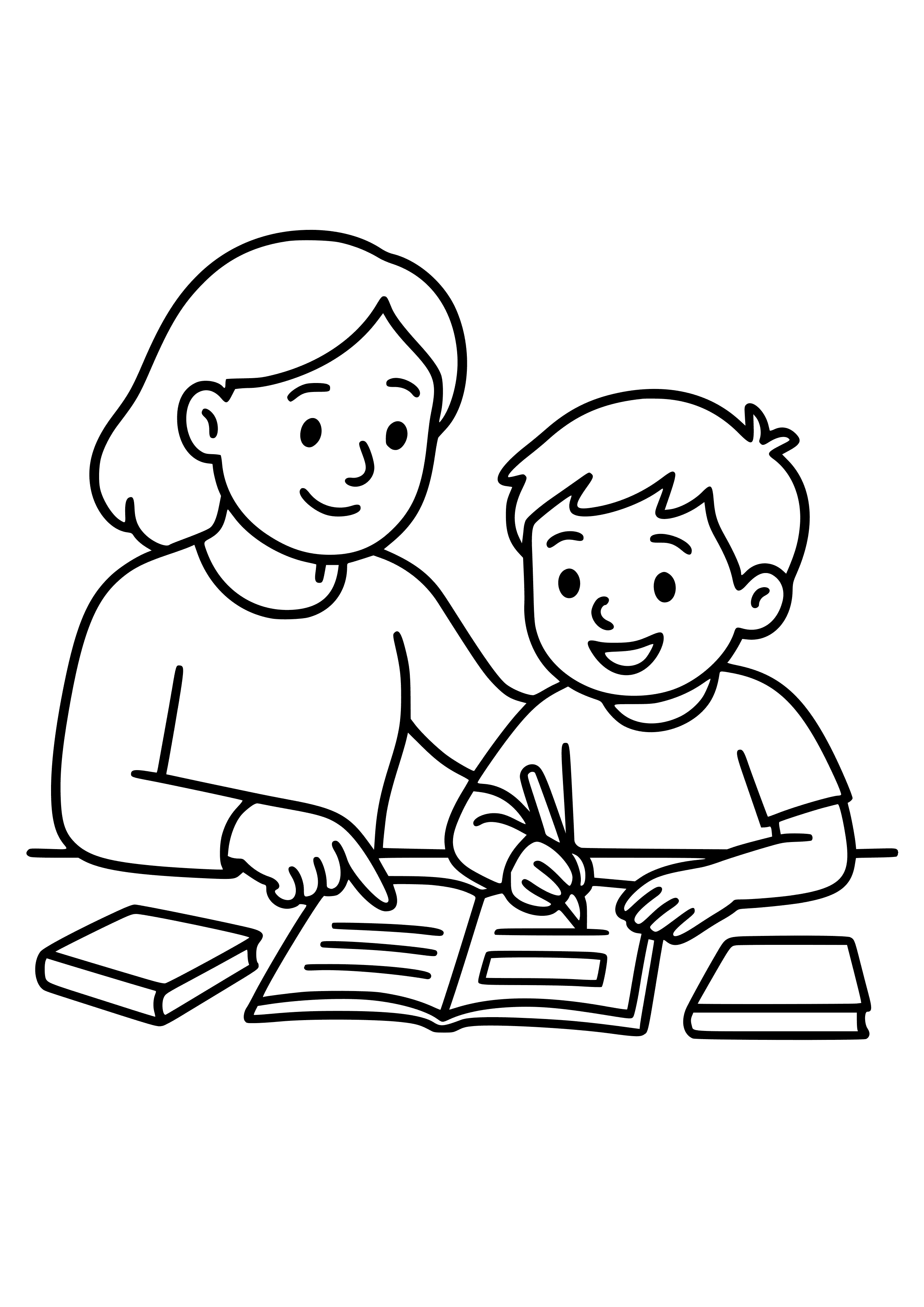 Mother and Son Doing Homework Together Coloring Page