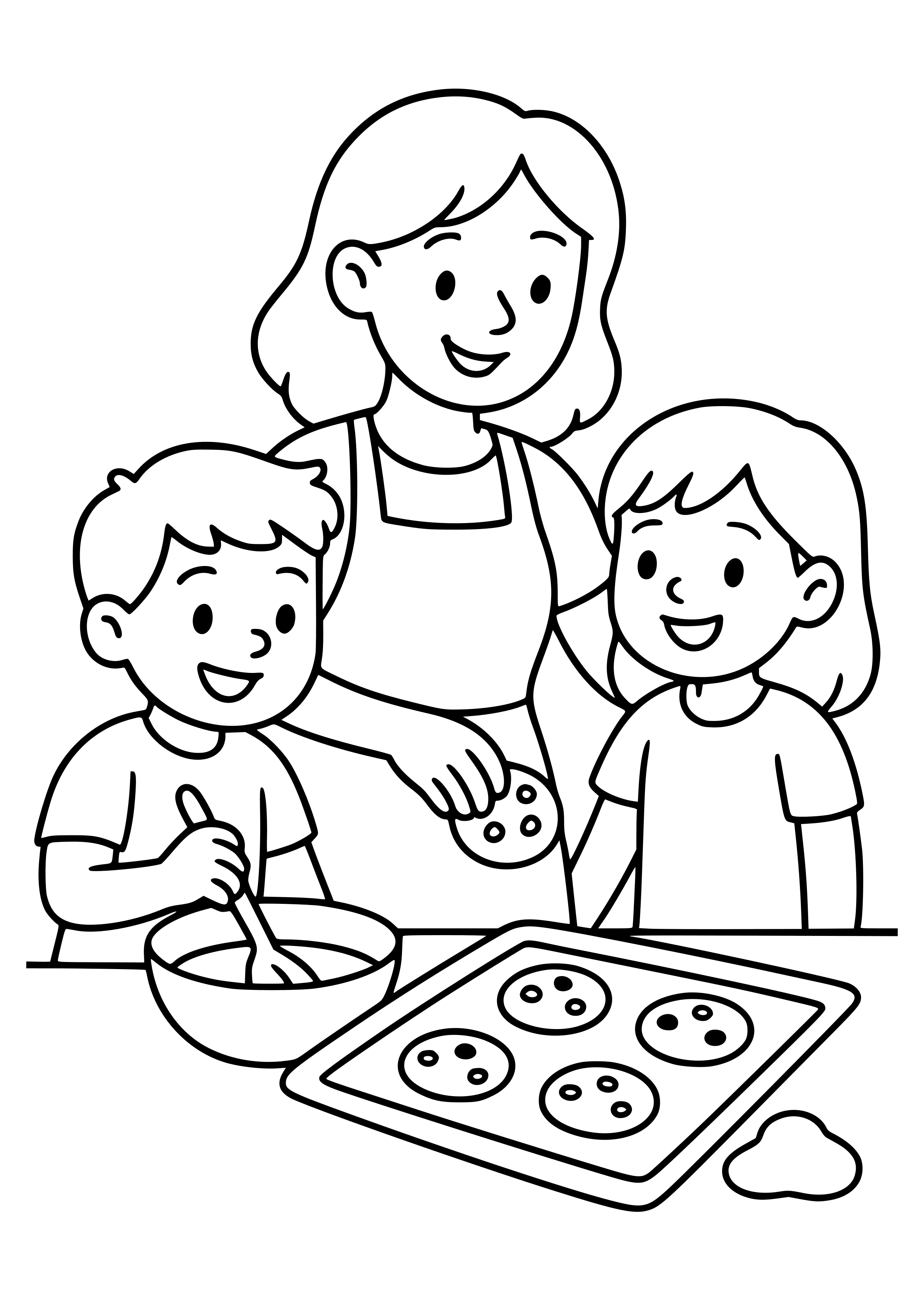 Mother Baking Cookies with Kids Coloring Page