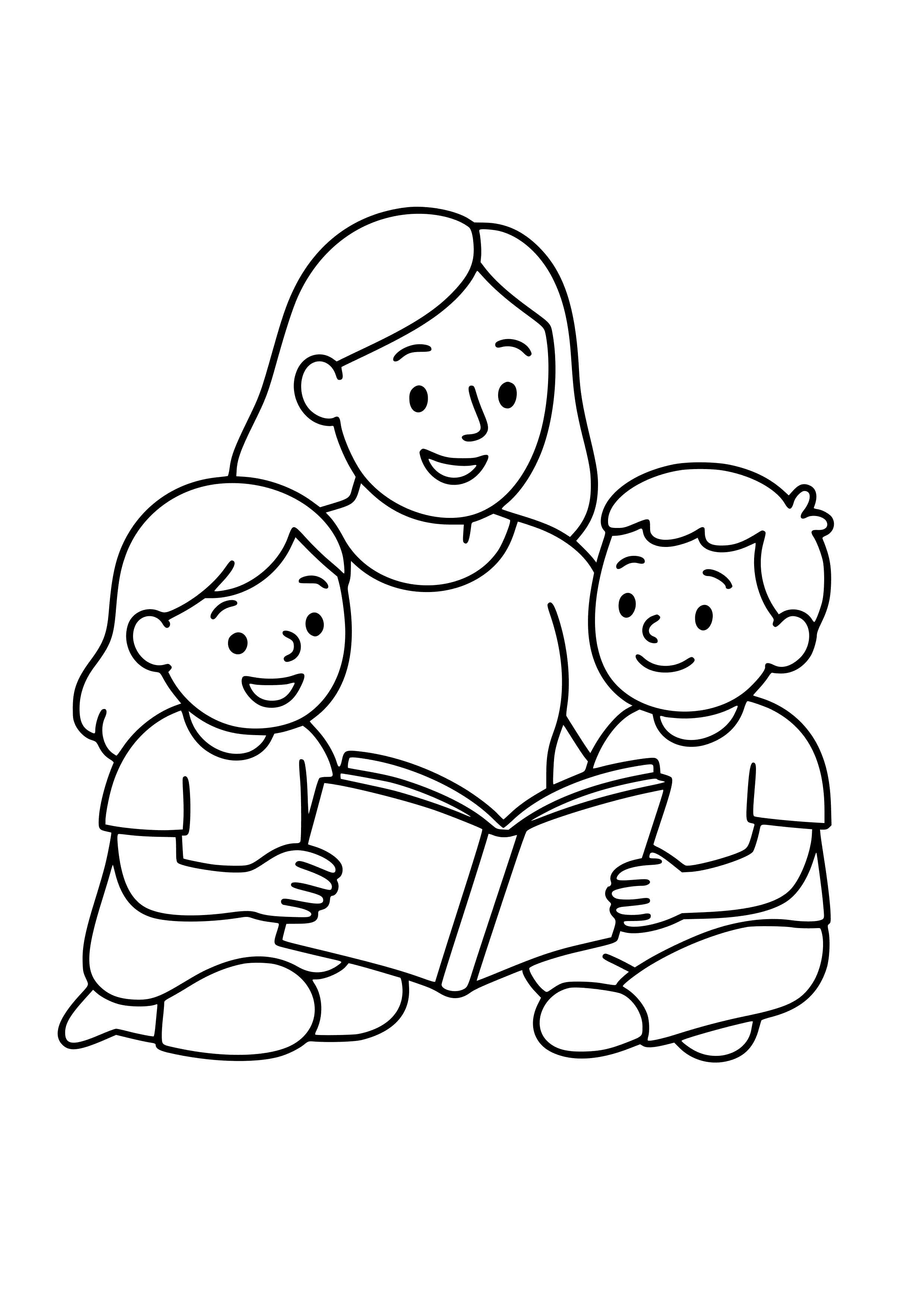 Mother Reading a Book to Children Coloring Page
