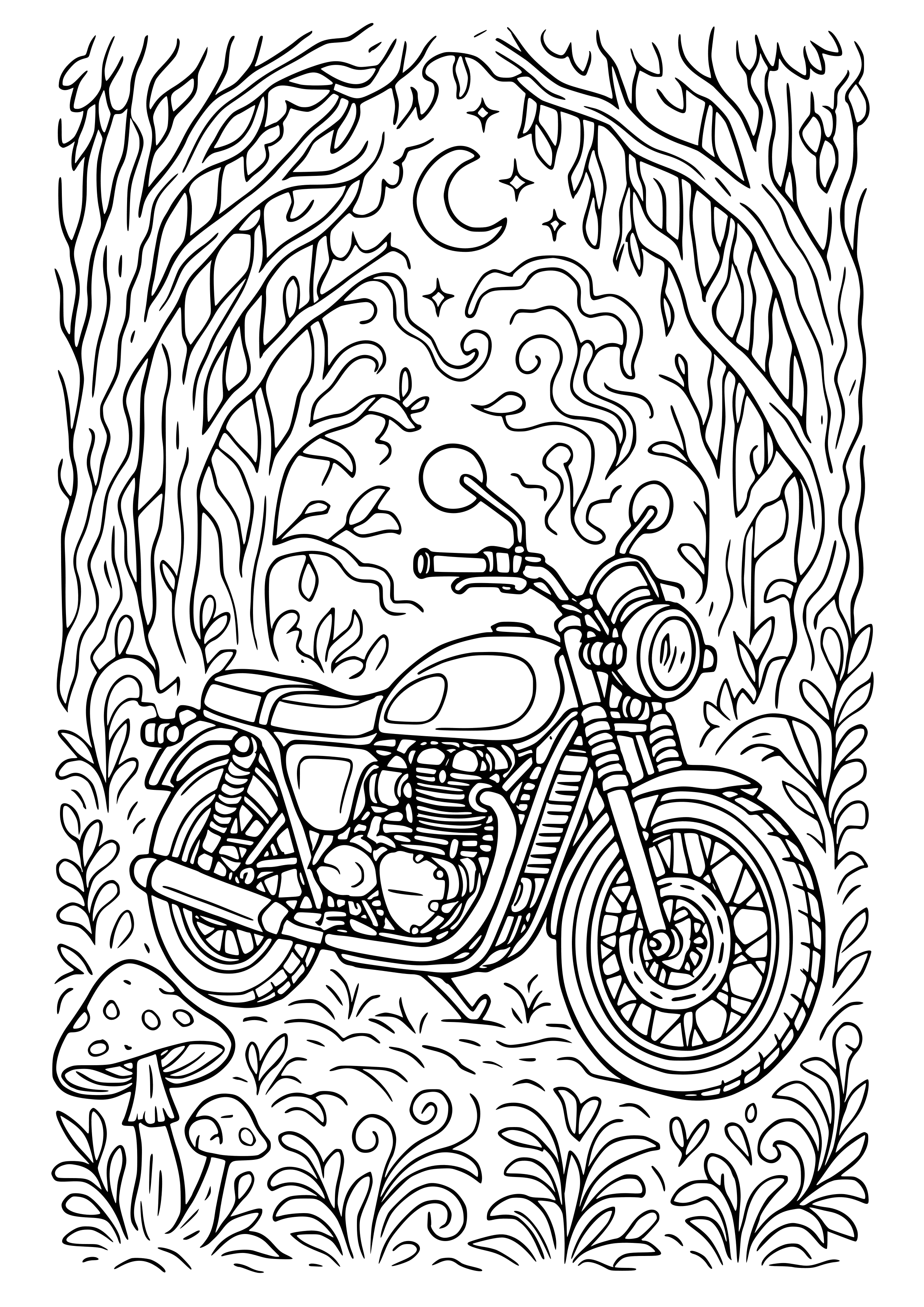 Motorbike in a Magical Forest Coloring Page