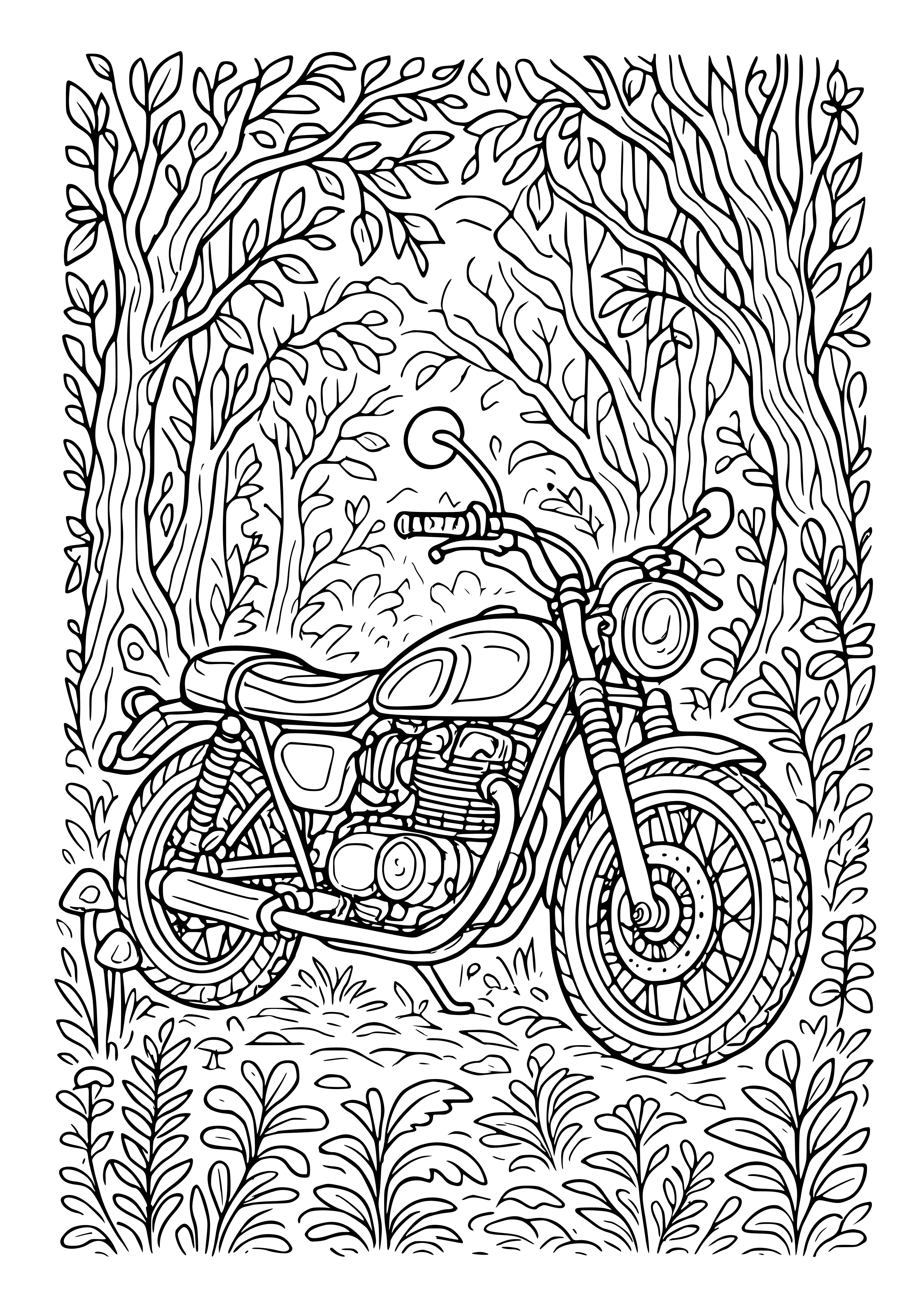 Motorbike in an Enchanted Forest Coloring Page