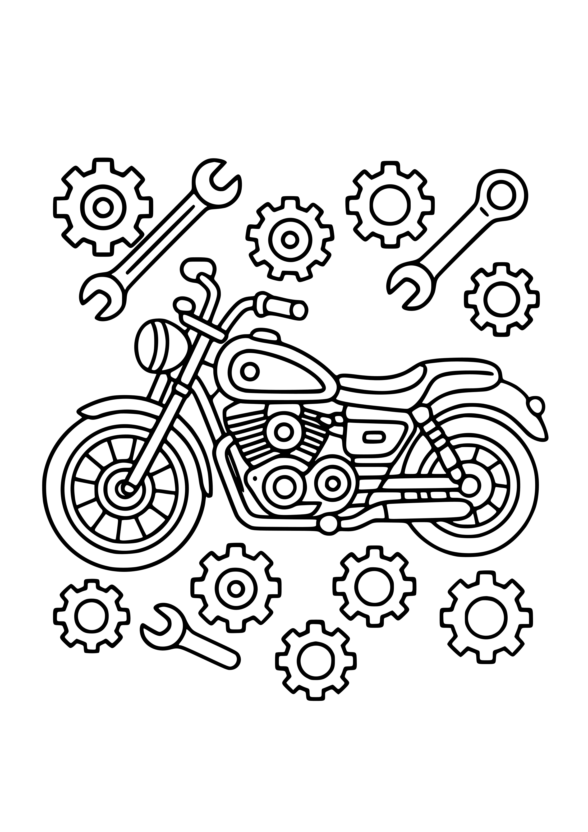 Motorbike with Gears and Tools Coloring Page