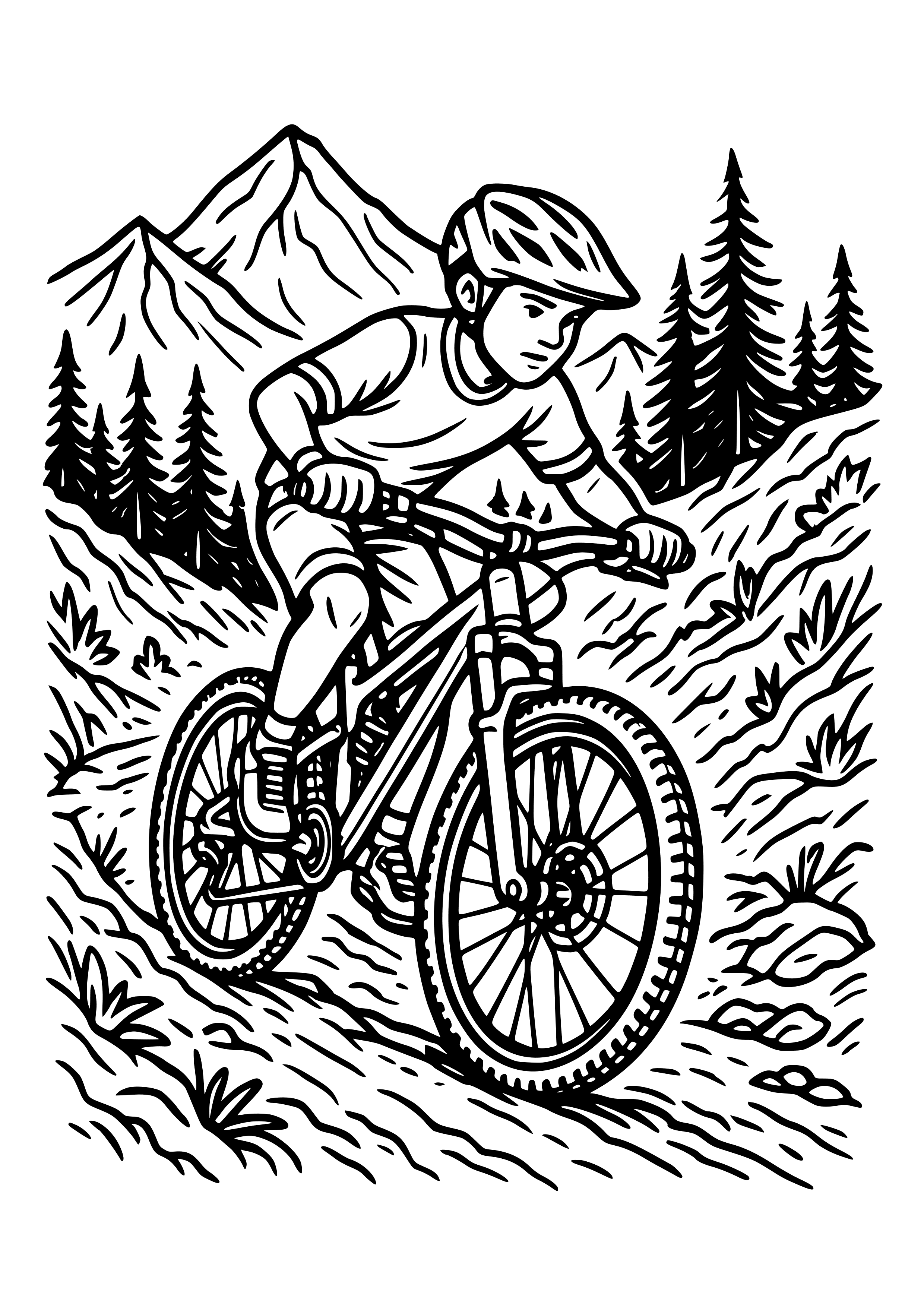 Mountain Biker Descending a Trail Coloring Page