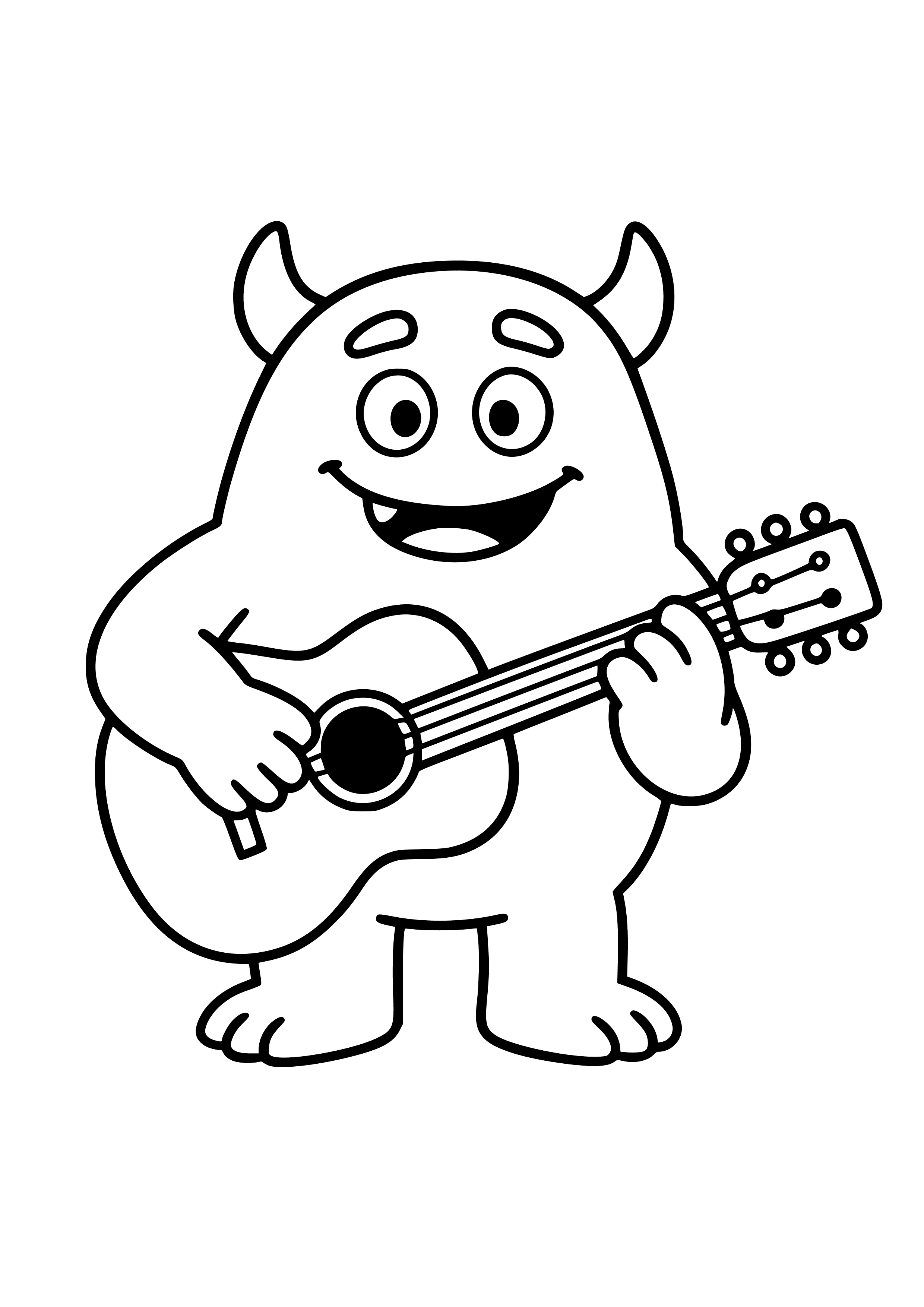 Musical Green Monster with a Guitar Coloring Page