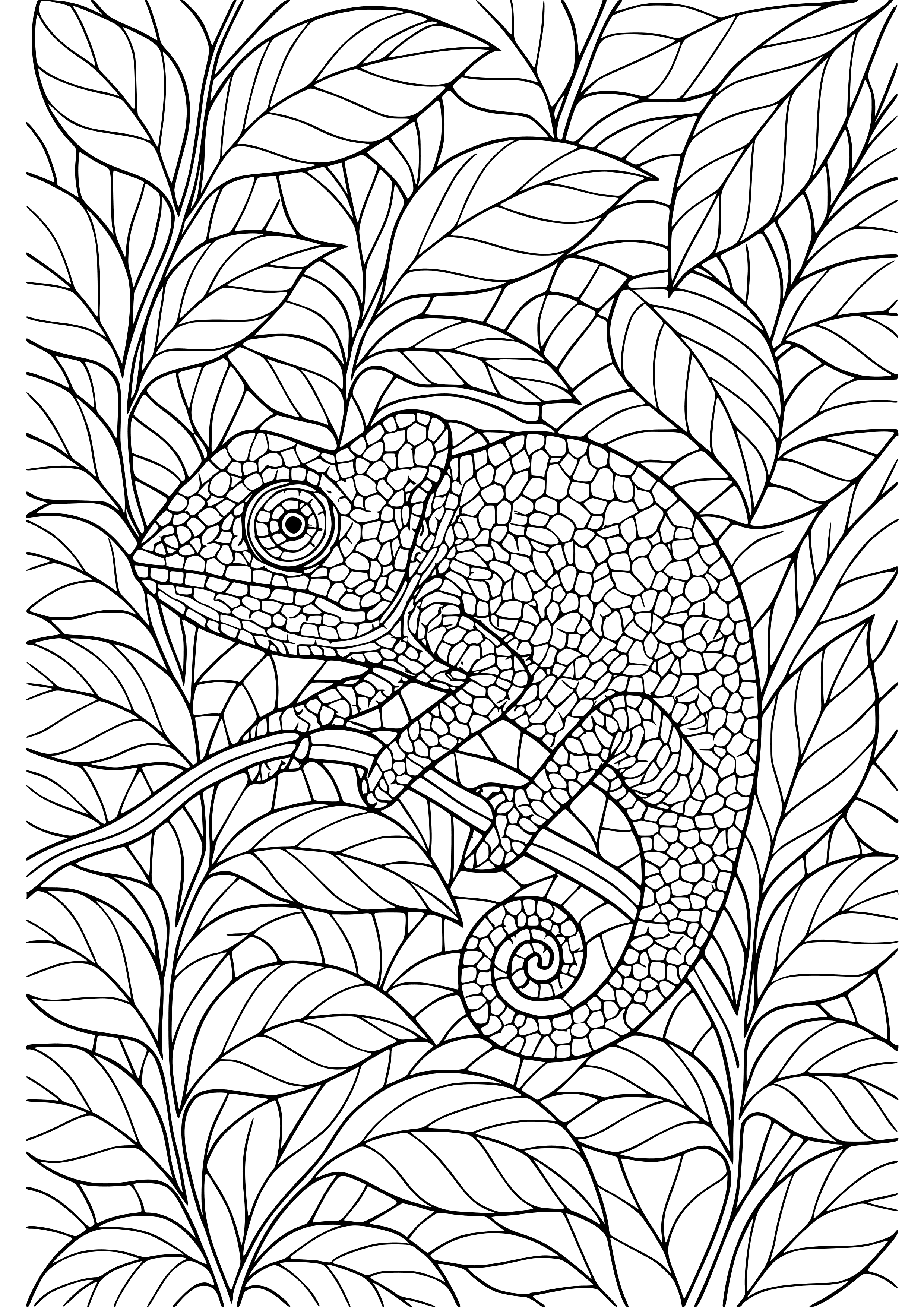 Mysterious Chameleon Blending Into Leaves Coloring Page