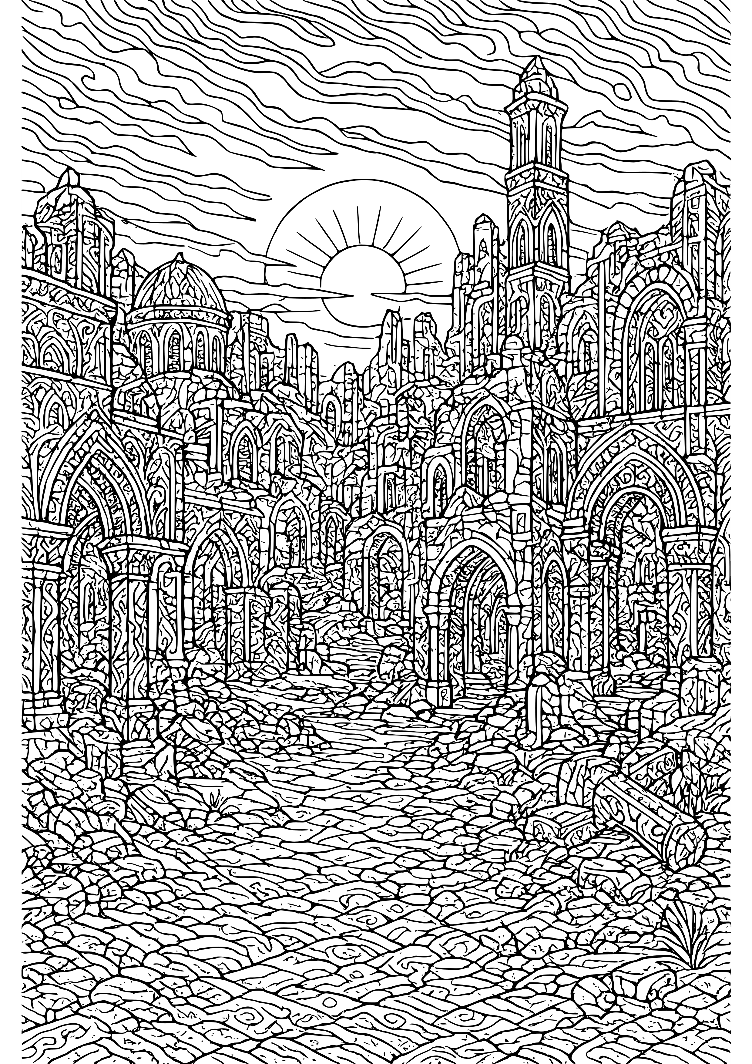Mysterious City Ruins at Dusk Coloring Page