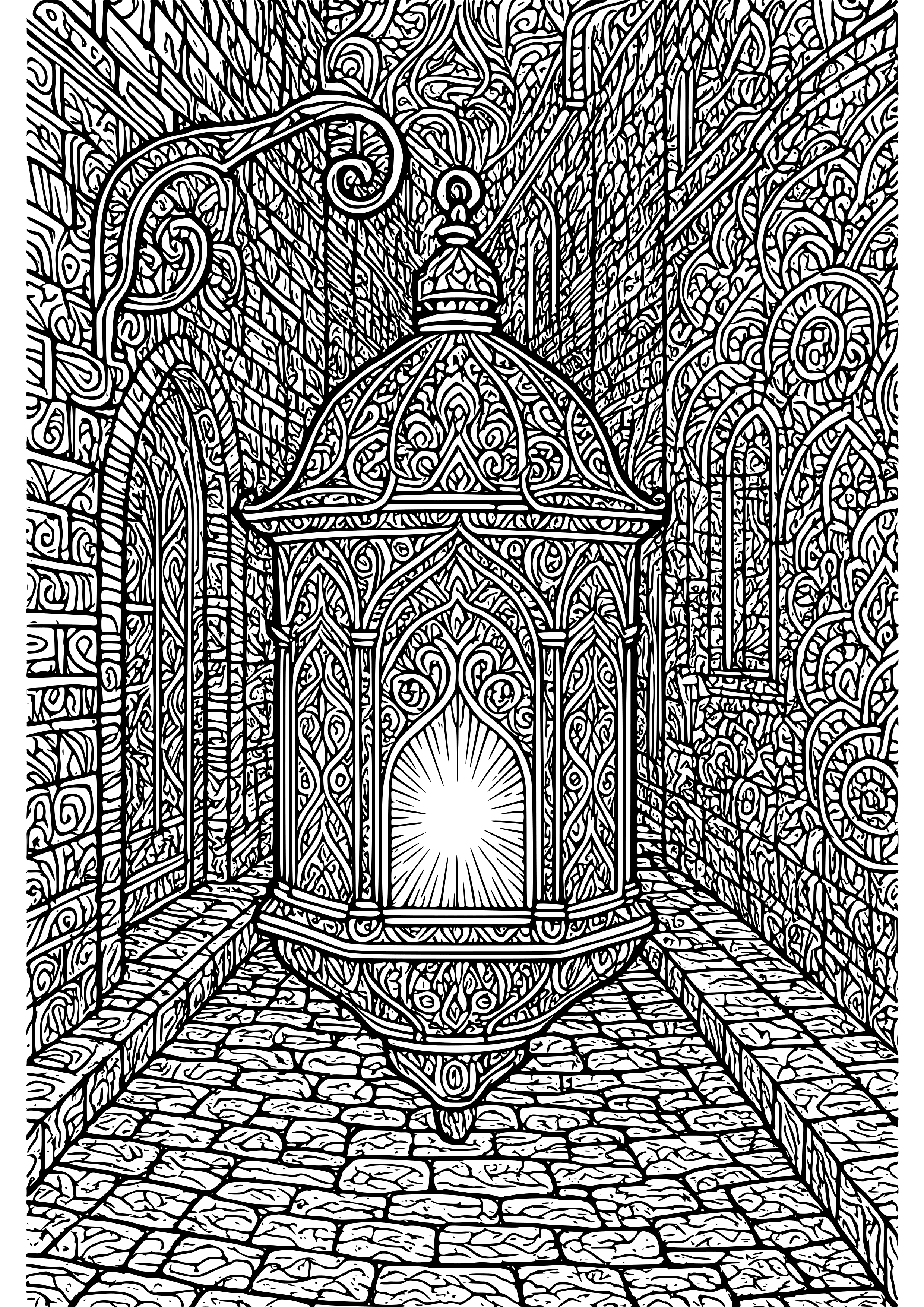 Mysterious Lantern Glowing in a Dark Alley Coloring Page