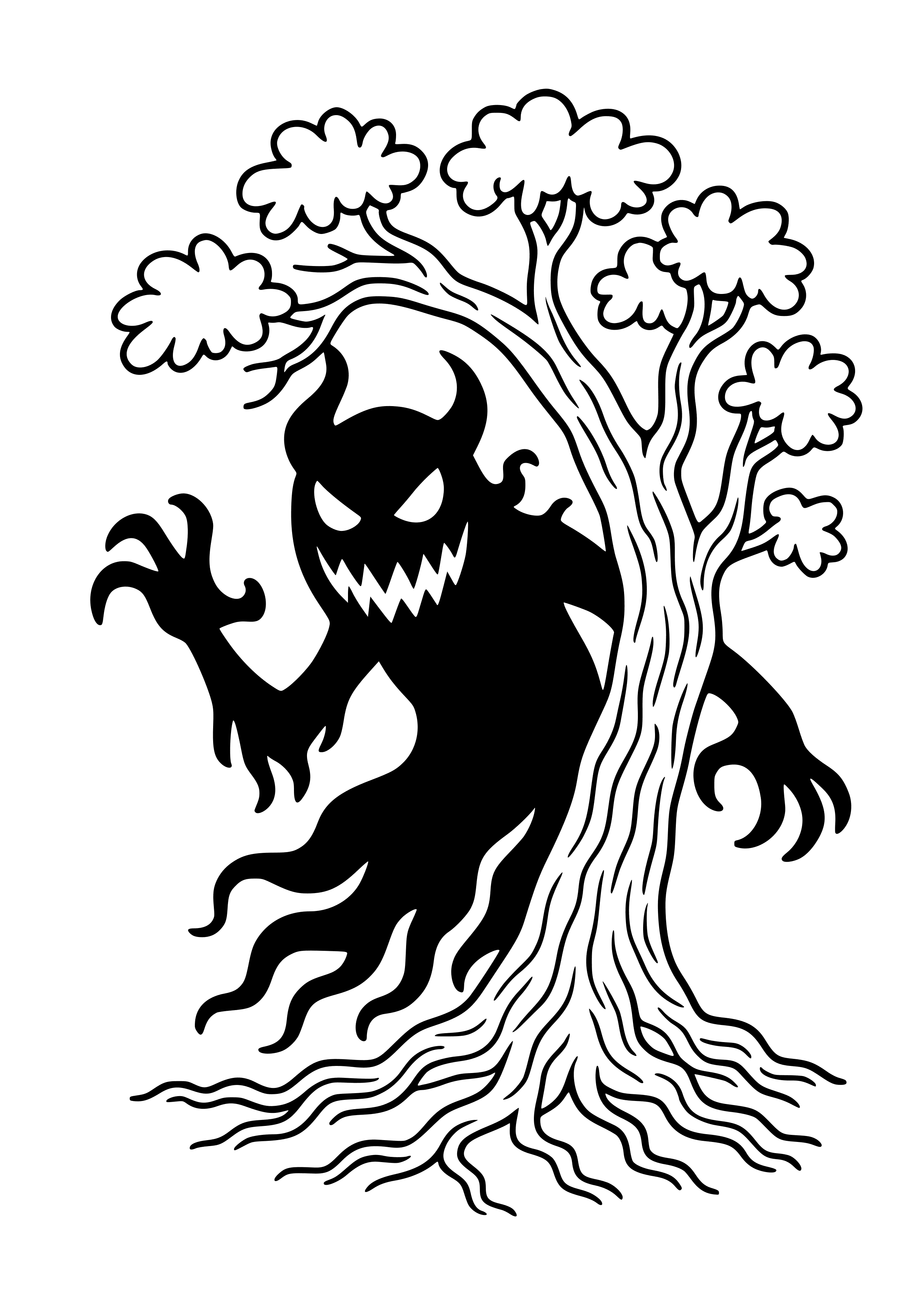 Mysterious Shadow Monster Behind a Tree Coloring Page
